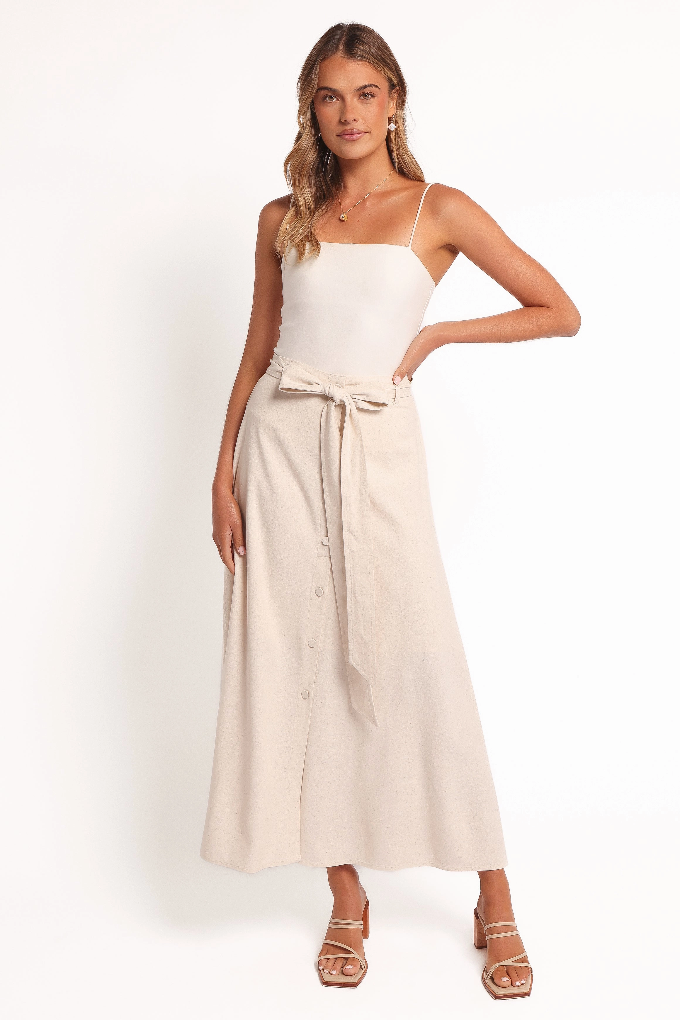 Xander Tie Waist Midi Skirt - Oatmeal Simple Look Chill Mood