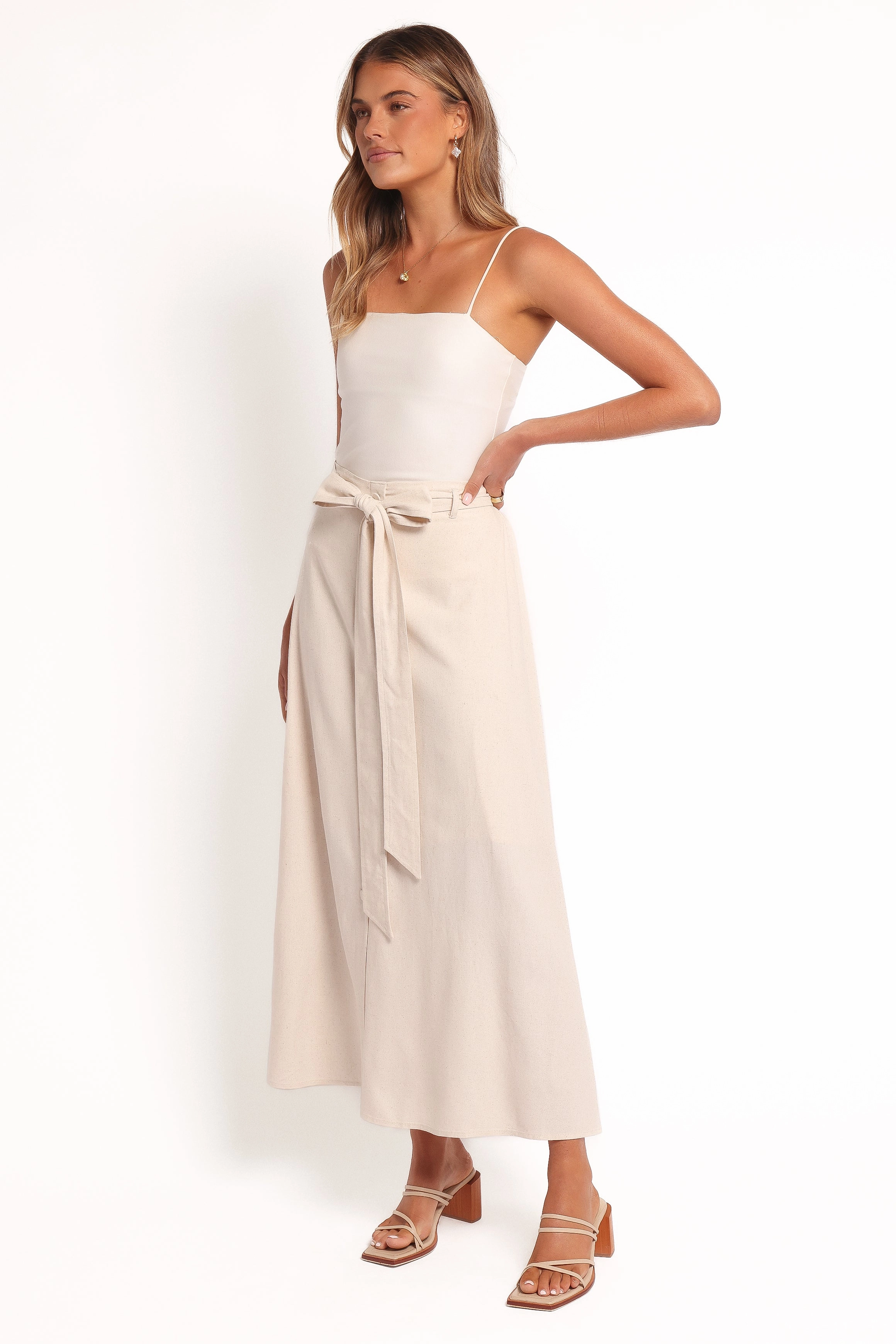 Xander Tie Waist Midi Skirt - Oatmeal Light Outfit