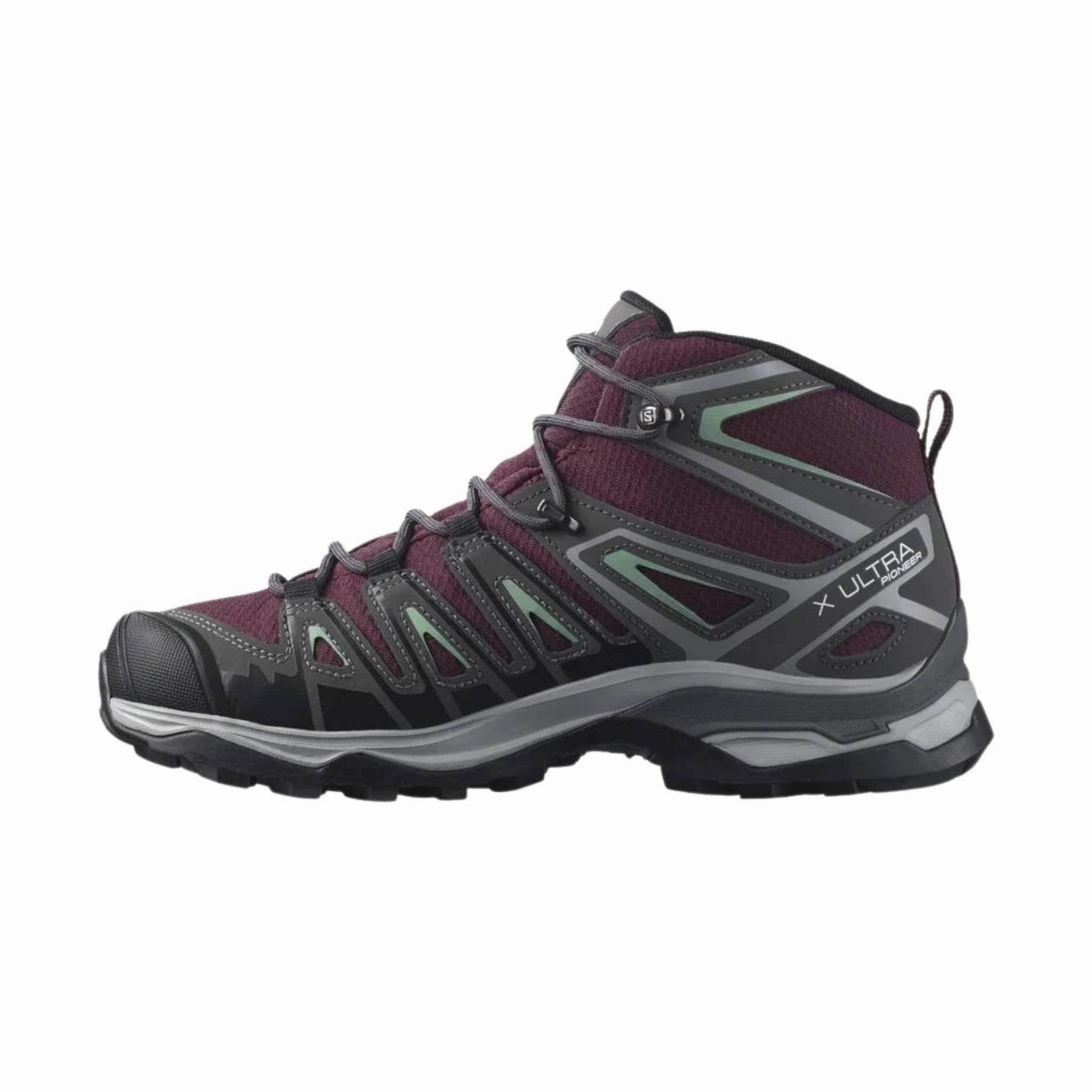Mountain Path Side zipper Salomon Women's X Ultra Pioneer Mid Waterproof Hiking Boots - Wine Tasting/Magnet/Granite Green