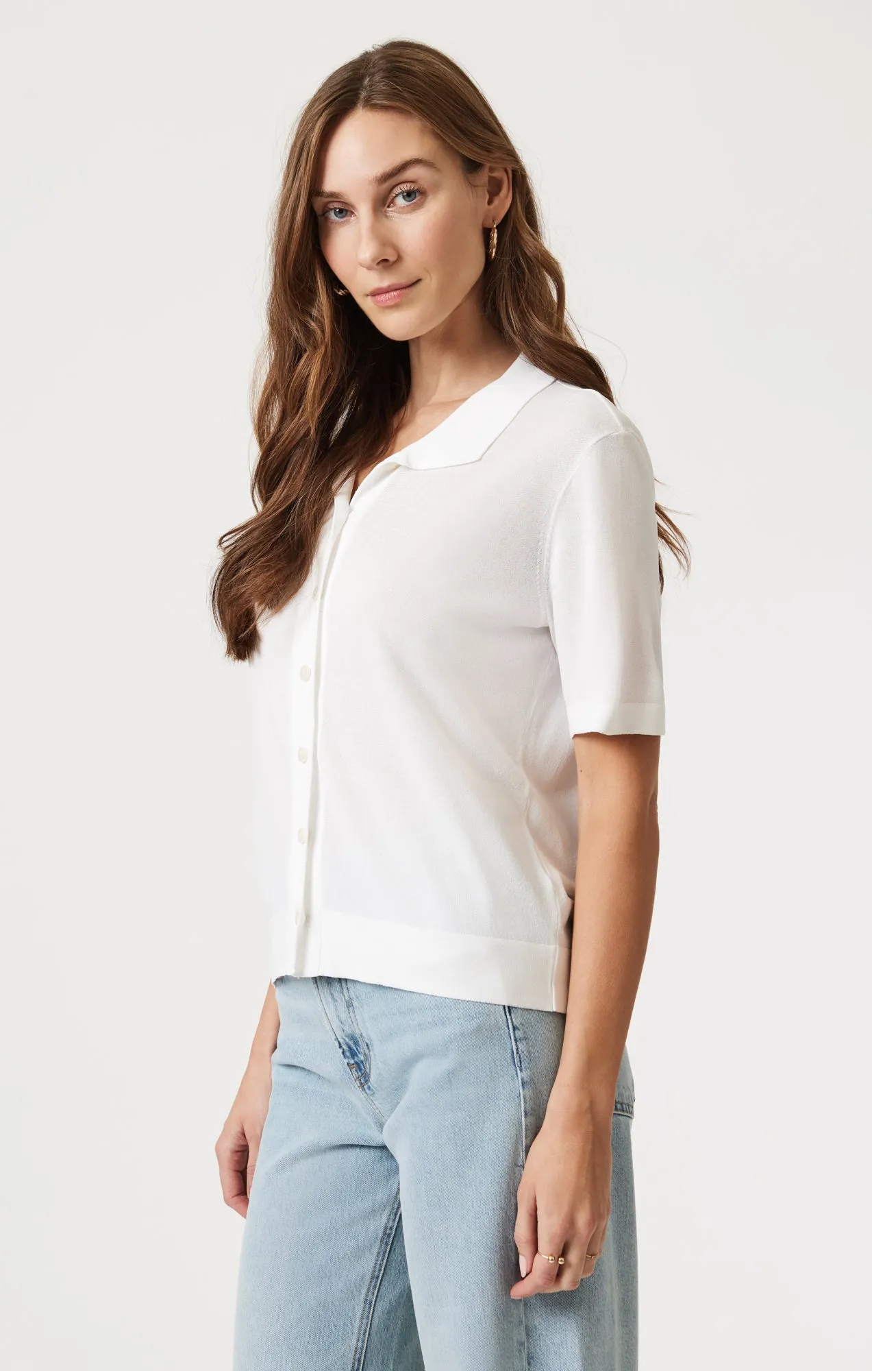 SHORT SLEEVE POLO CARDIGAN IN ANTIQUE Laser Cut Edge Detail Lightweight Comfort