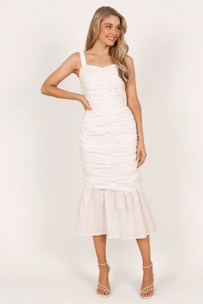 Sierre Ruched Midi Dress - White Shimmer-Finish Halter-Neck