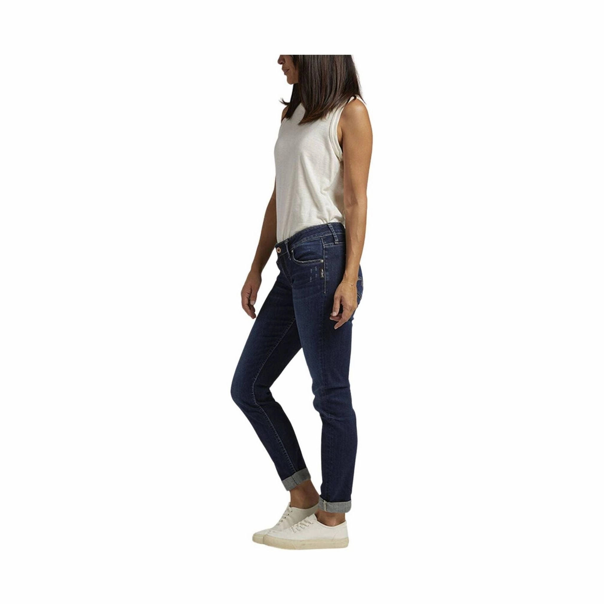 Silver Jeans Women's Boyfriend Mid Rise Slim Leg Jeans - Indigo Sustainable Denim Production Reinforced Stitching