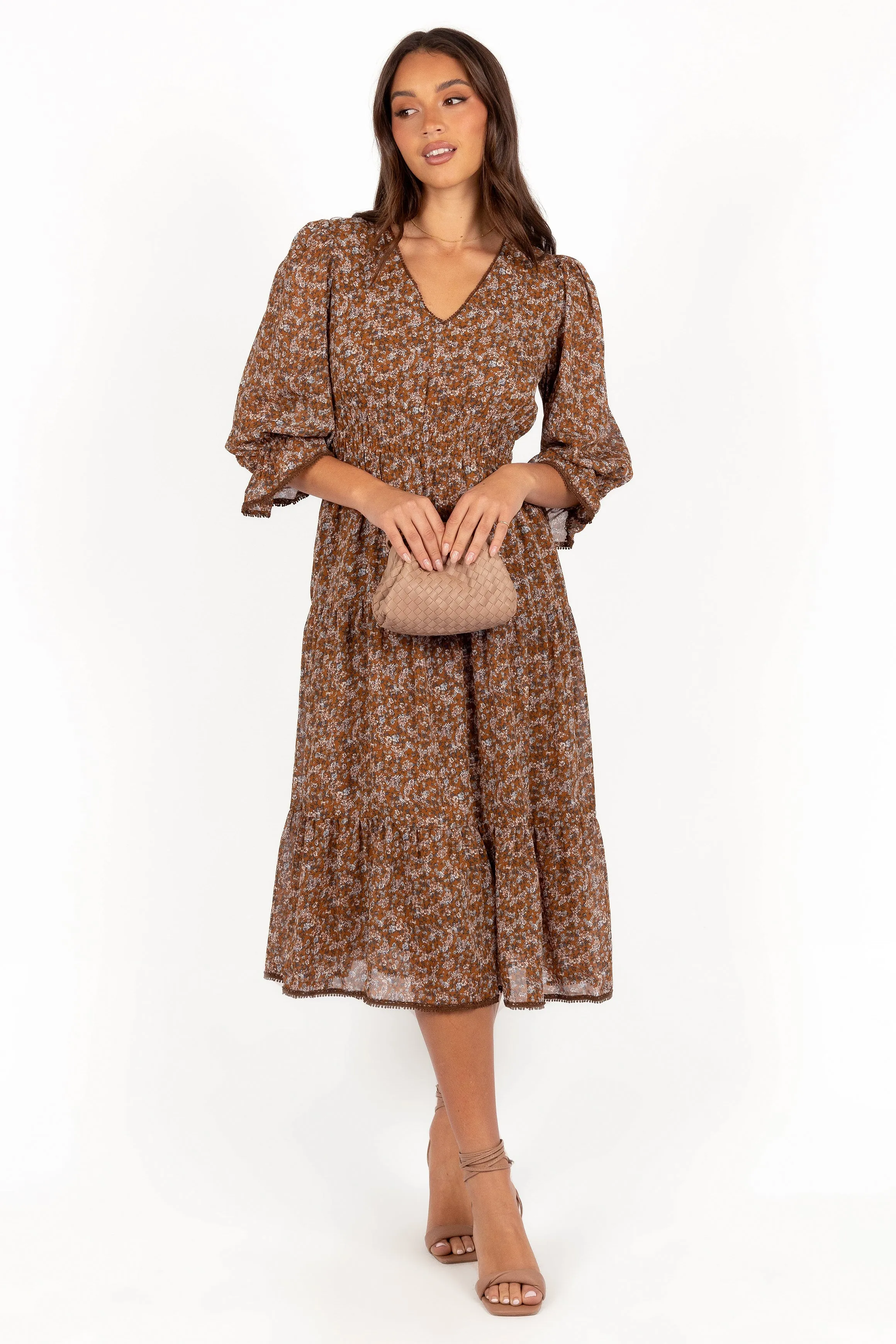 Simone Midi Dress - Camel Mesh-Sleeve Neutral Feel
