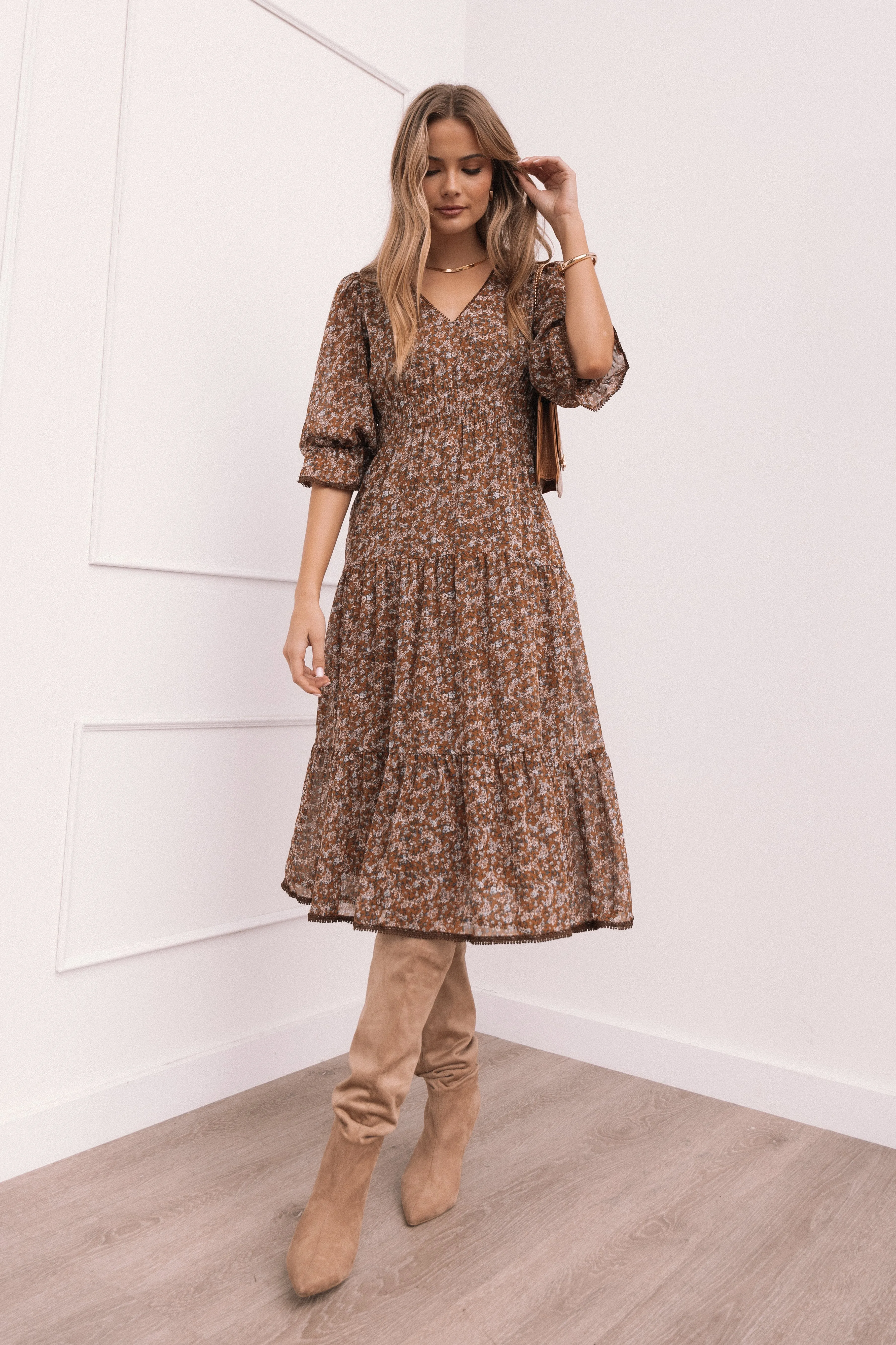Simone Midi Dress - Camel Retro Detail