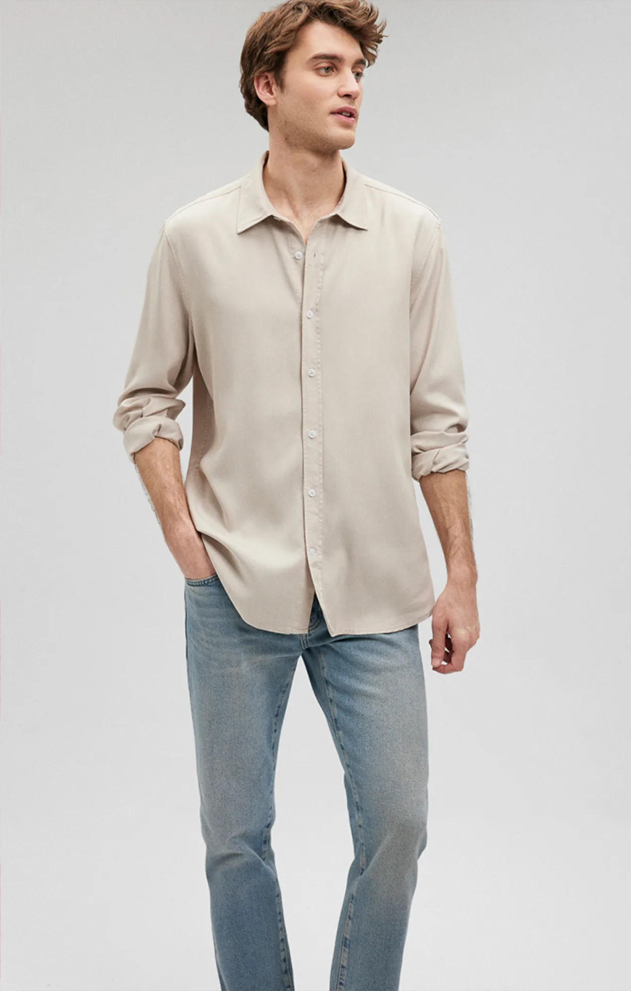 BUTTON-UP LONG SLEEVE SHIRT IN MOONSTRUCK Split hem