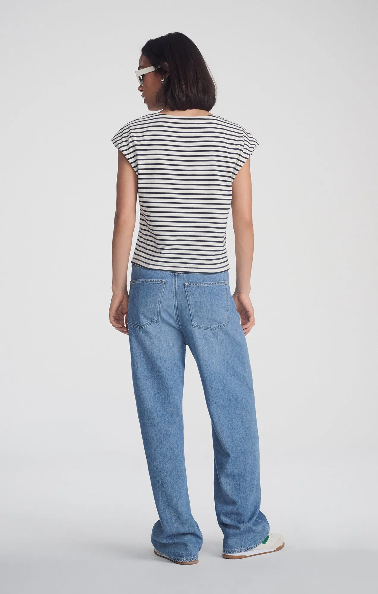 Weekend Outing Trendy Look BOAT NECK SLEEVELESS SHIRT IN NAVY BLAZER STRIPE