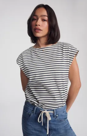 Reinforced Seams BOAT NECK SLEEVELESS SHIRT IN NAVY BLAZER STRIPE