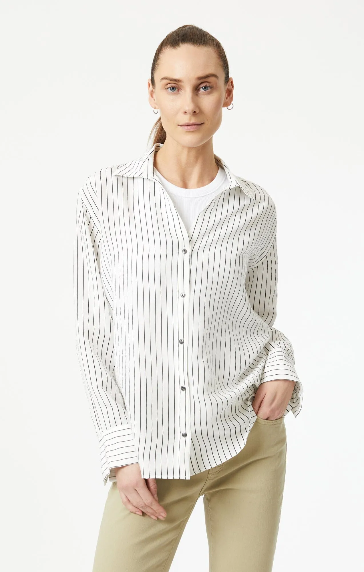 Plus Size BUTTON-UP LONG SLEEVE SHIRT IN BLACK STRIPE