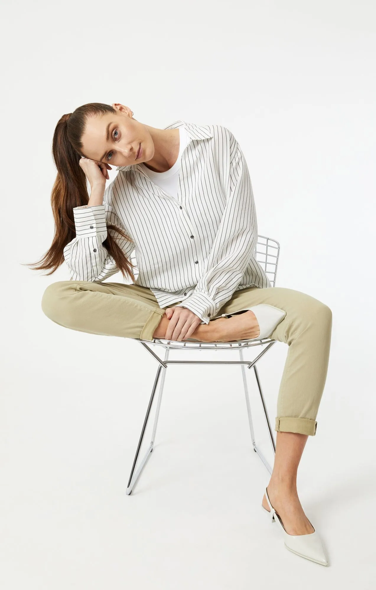 BUTTON-UP LONG SLEEVE SHIRT IN BLACK STRIPE Sheer Panel Durable Stitching