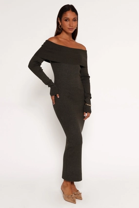 Archie Off The Shoulder Midi Dress - Olive Mixed Fabric Feminine Structure