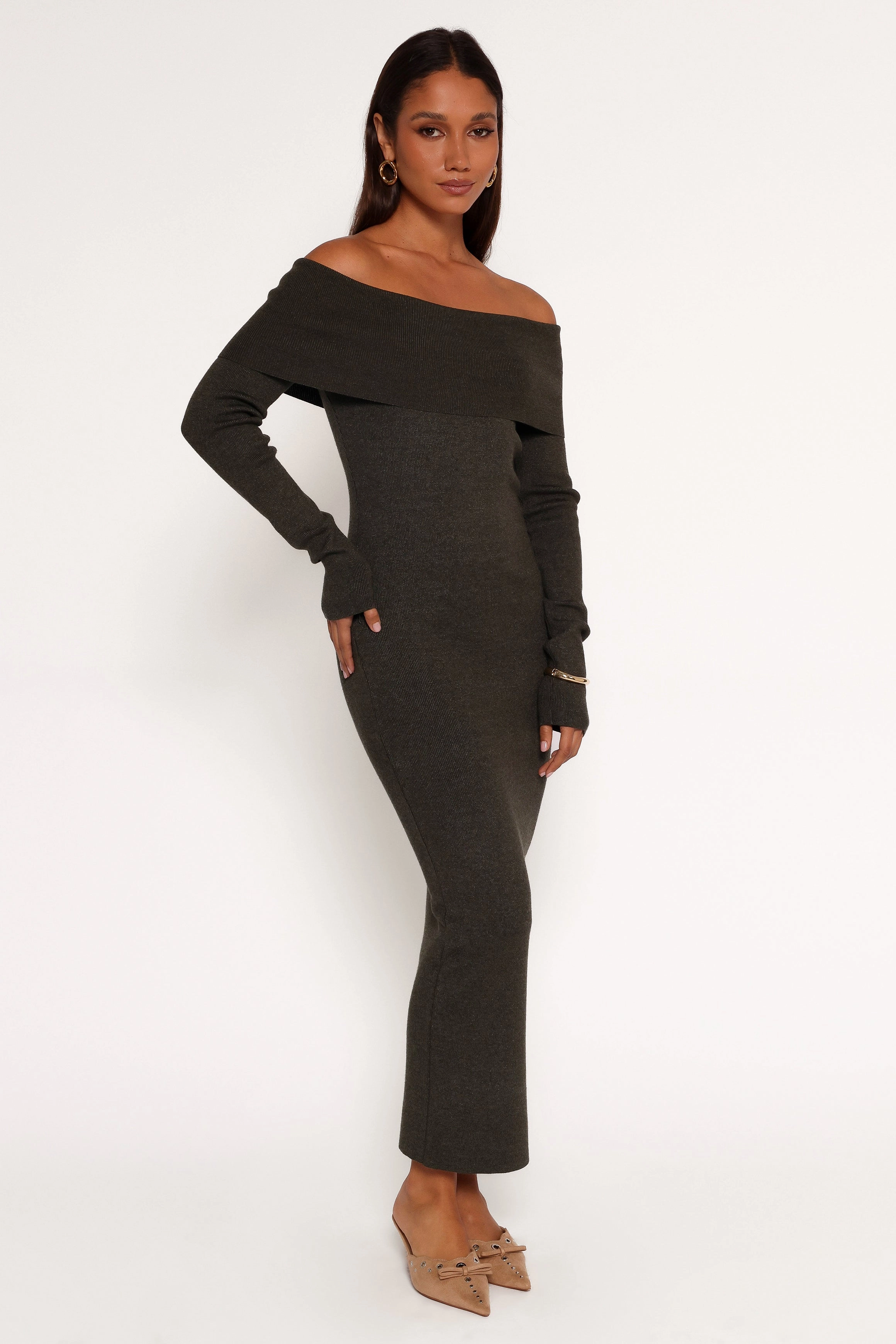 Archie Off The Shoulder Midi Dress - Olive Mixed Fabric Feminine Structure