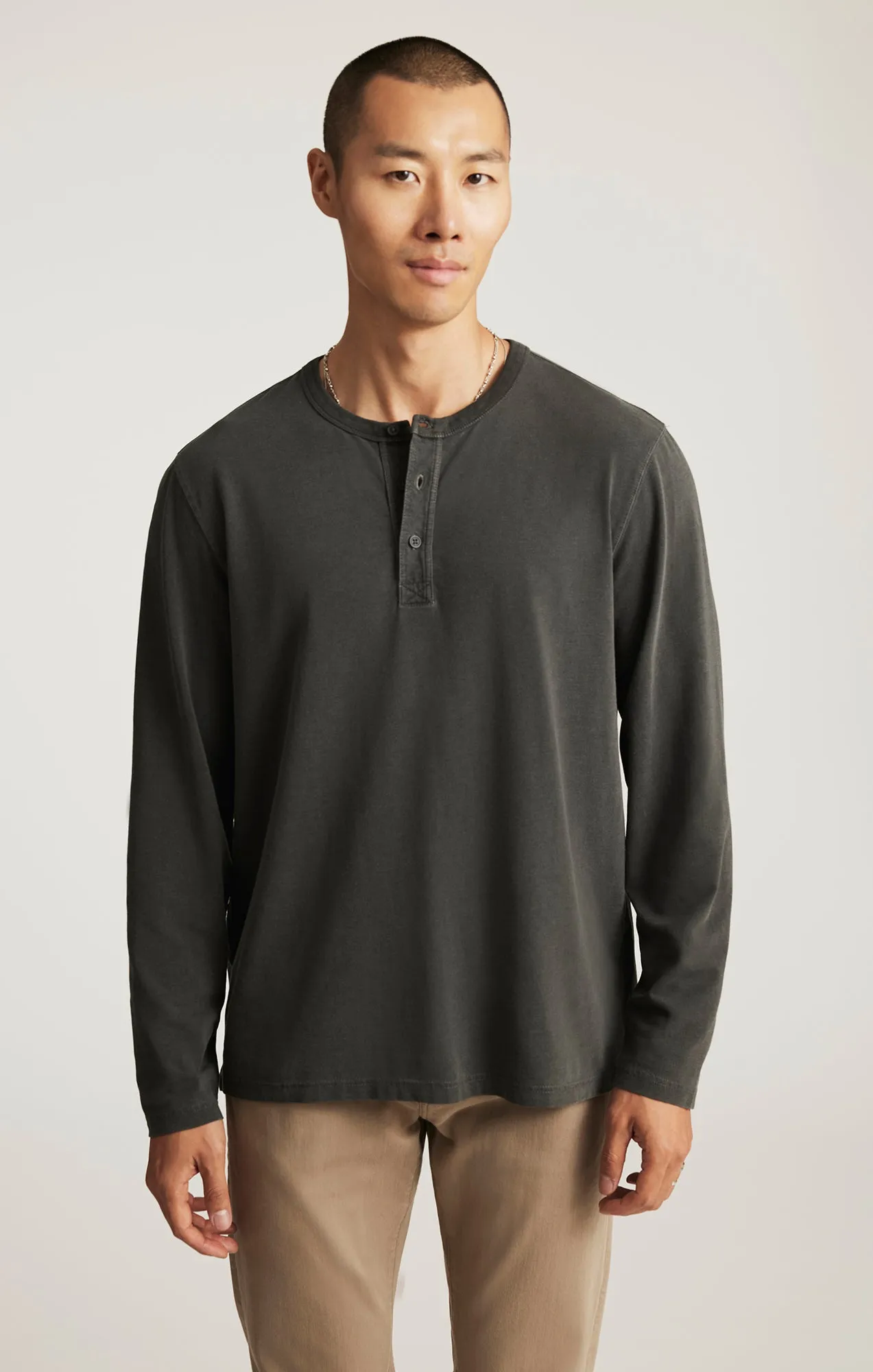 LONG SLEEVE HENLEY T-SHIRT IN PIRATE BLACK Comfy Casual Wear GentleWashResistance