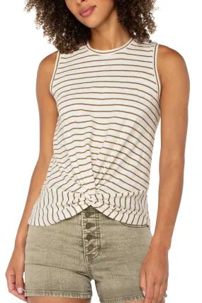 Sleeveless Crew Neck Twist Front Top | Cream Olive Stripe Modern Casual Date night