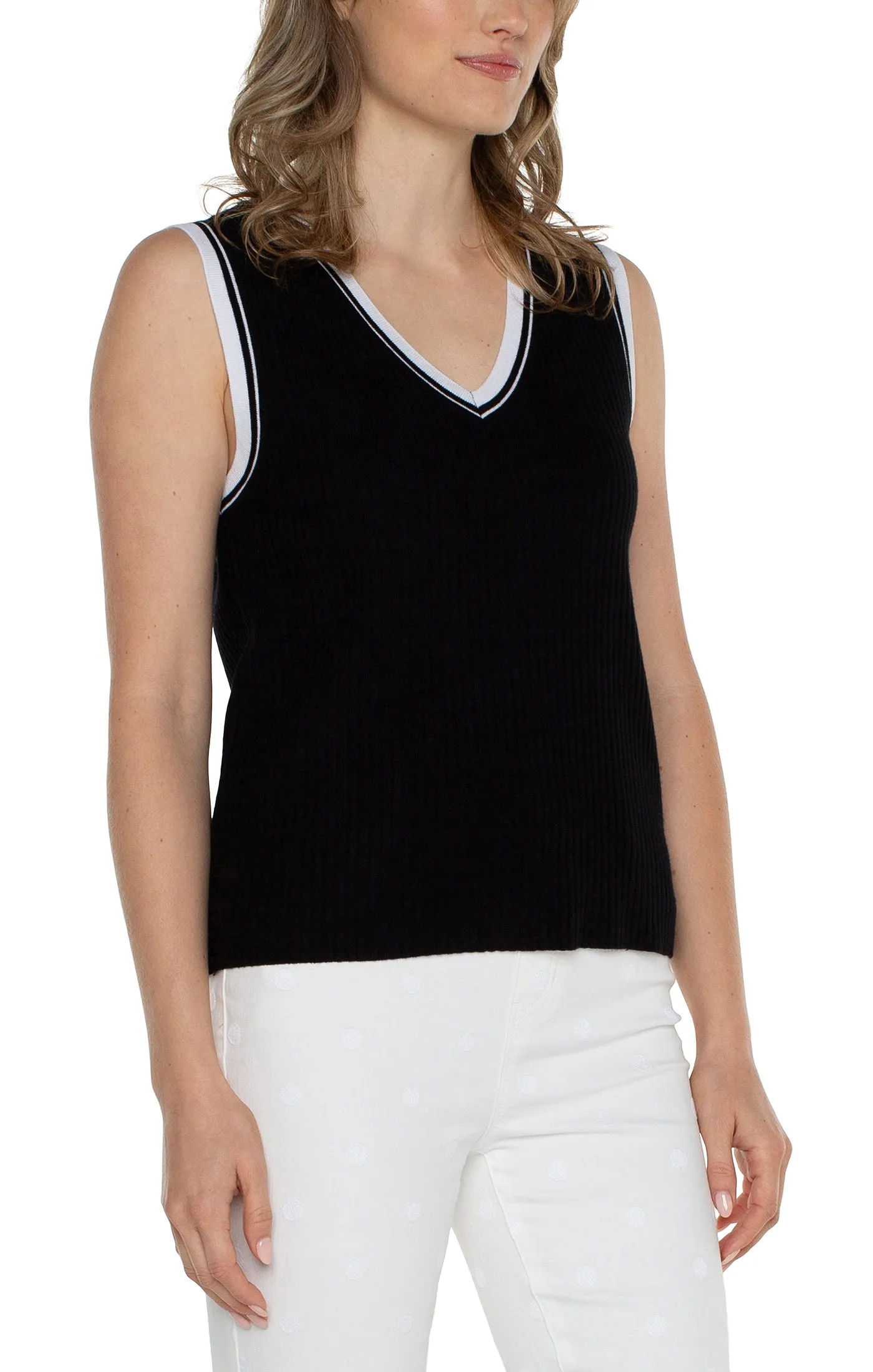 Sleeveless V-Neck Sweater with Trim Detail Modern Luxe Fashion Essential Relaxed Hoodie