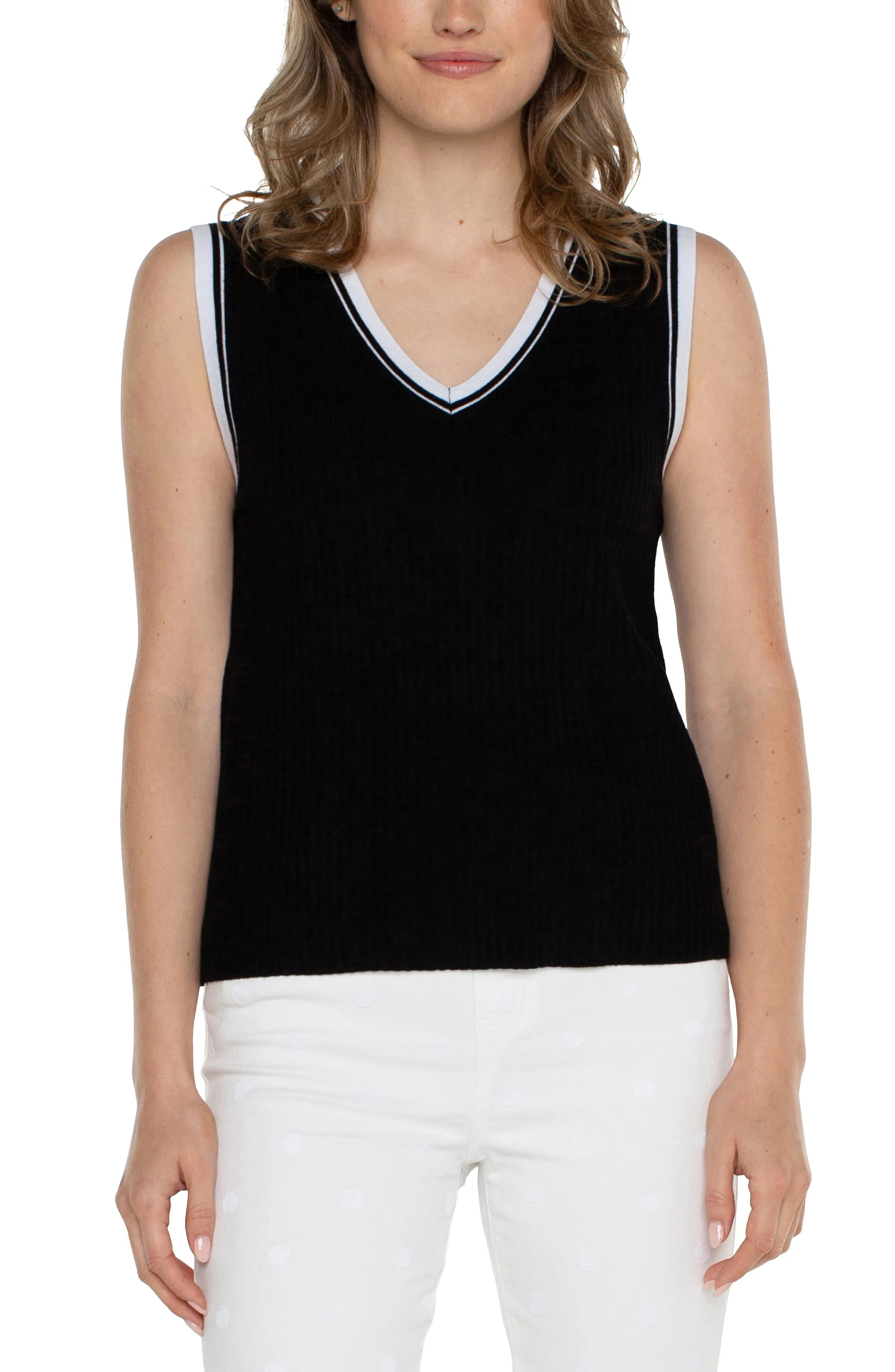 Youth Style Bright Colors Sleeveless V-Neck Sweater with Trim Detail Modern Luxe