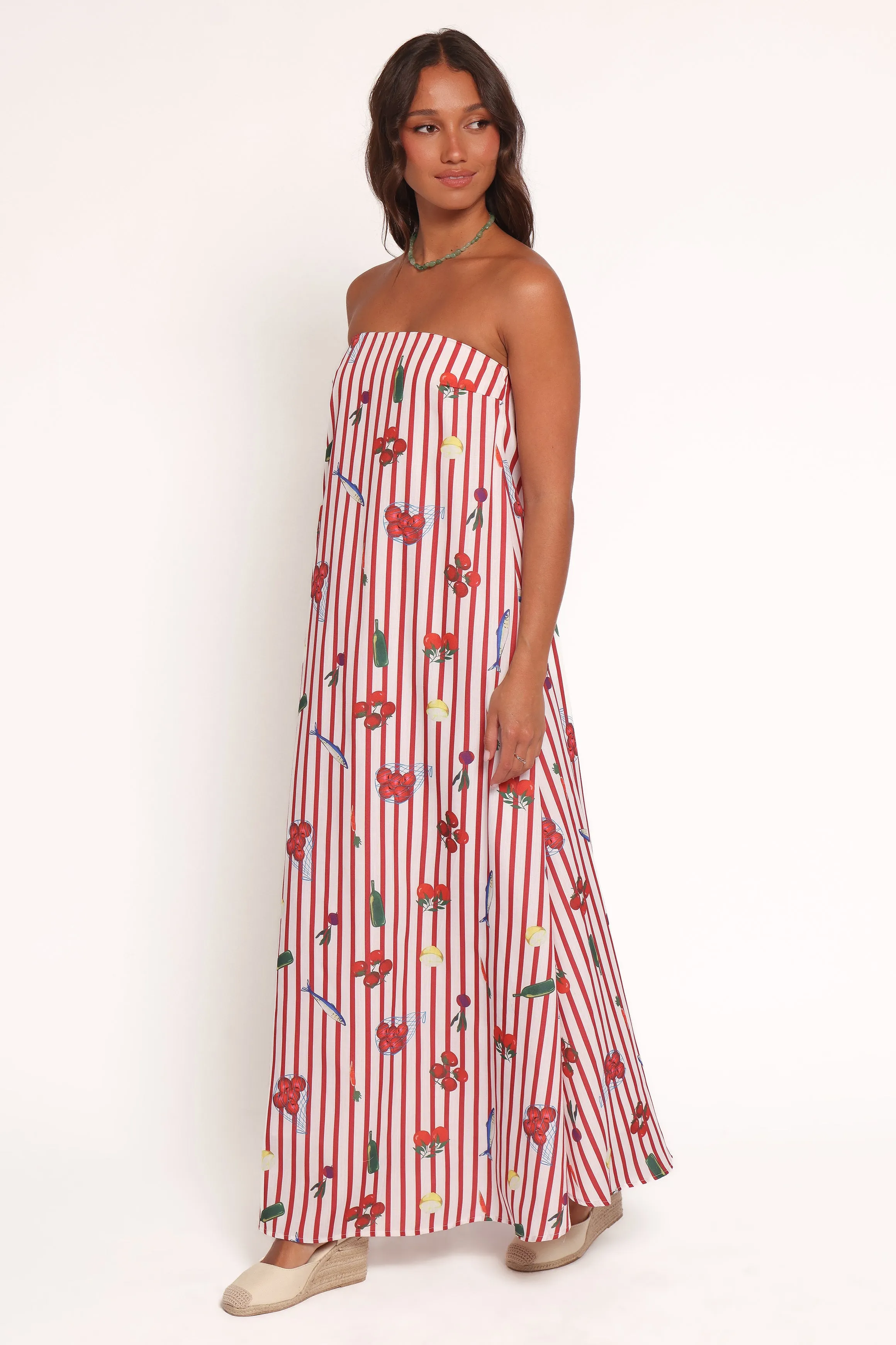 Statement Neck Clean Finish Soph Strapless Maxi Dress - Red Picnic Stripe
