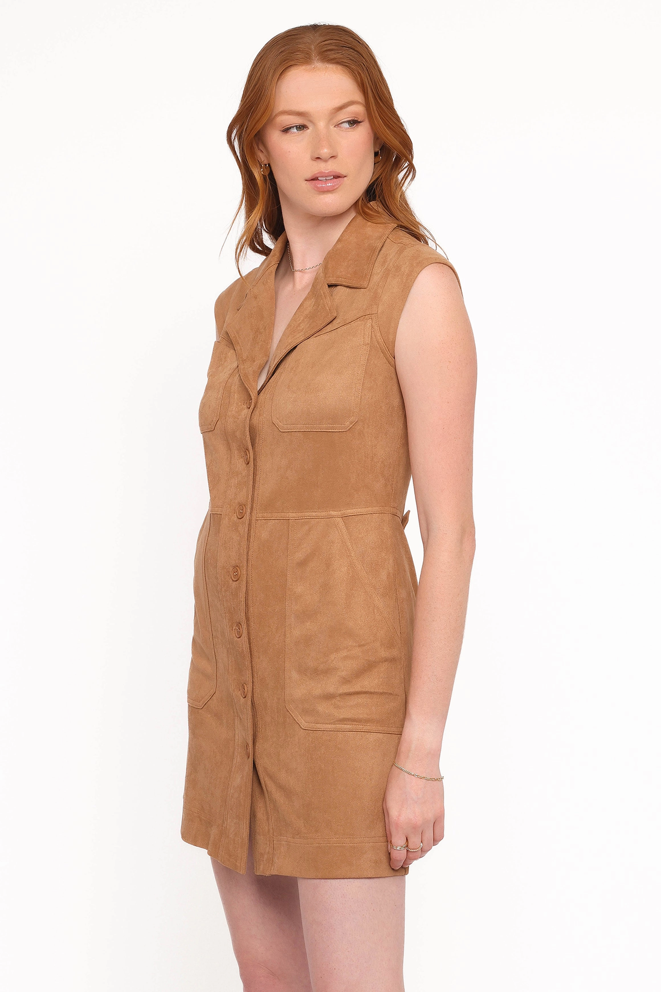 Belt Waist Airy Fit Xoey Suede Mini Dress - Camel