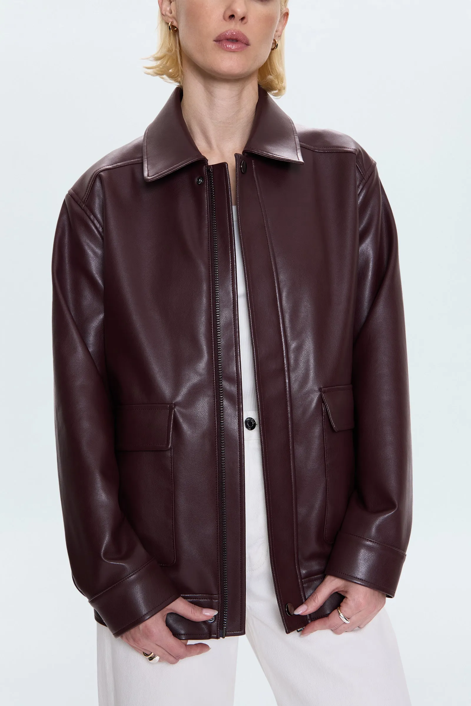 Valerie Faux Leather Bomber Jacket - Cabernet Ergonomic Articulation RecycledPolyester
