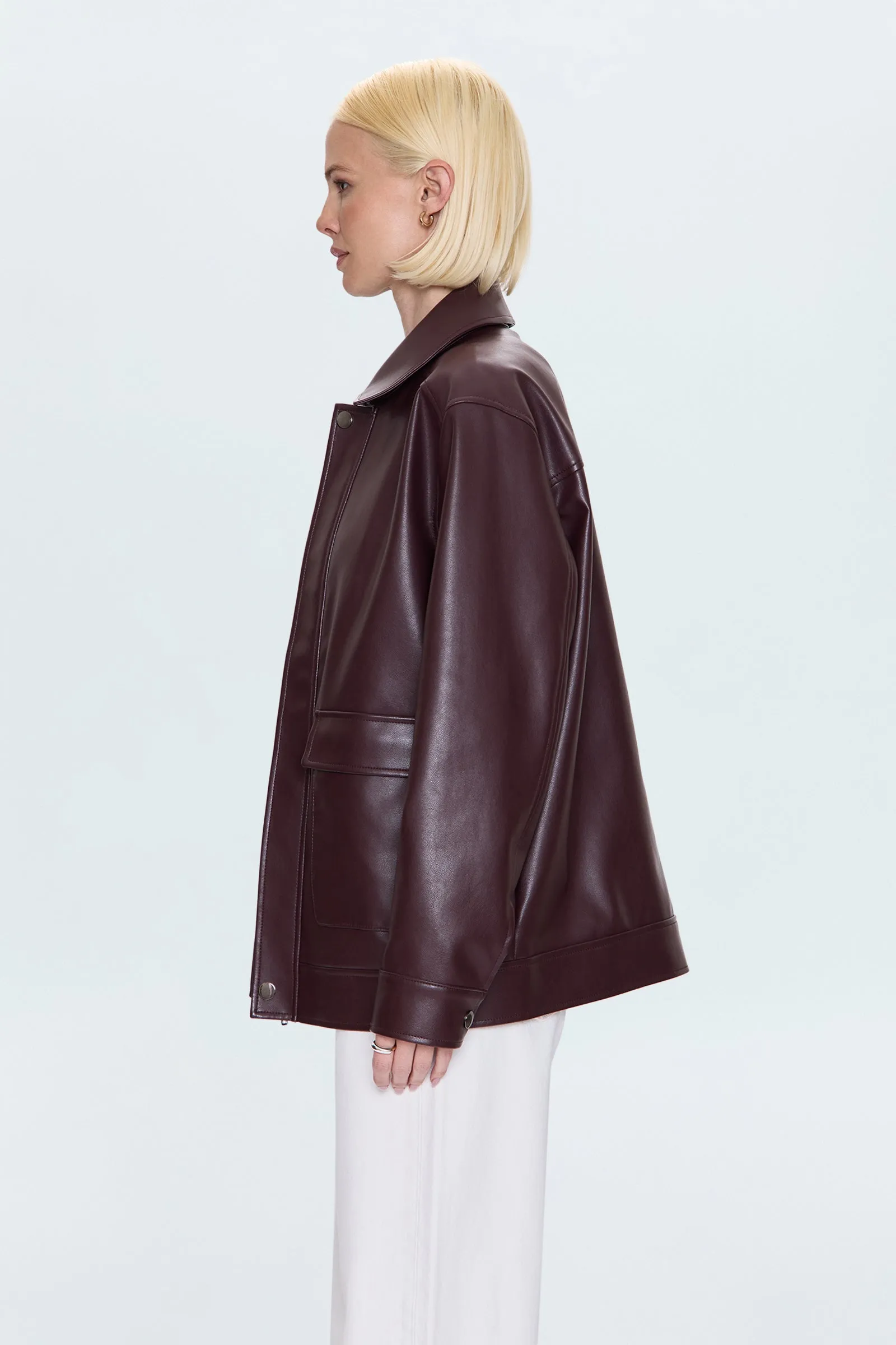 Light Weight Waist Belt Valerie Faux Leather Bomber Jacket - Cabernet