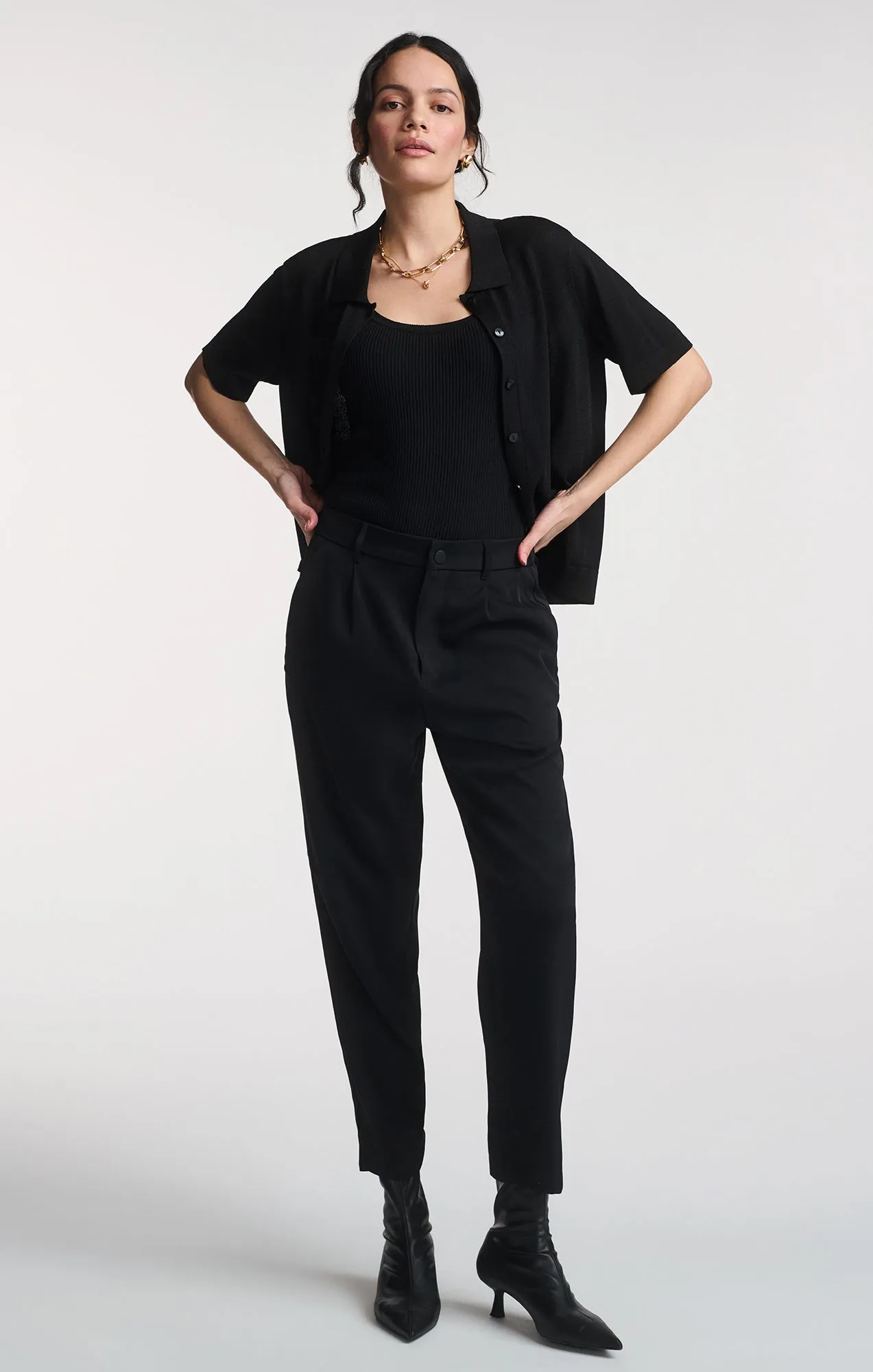 SHORT SLEEVE POLO CARDIGAN IN BLACK Eco-Friendly Choice