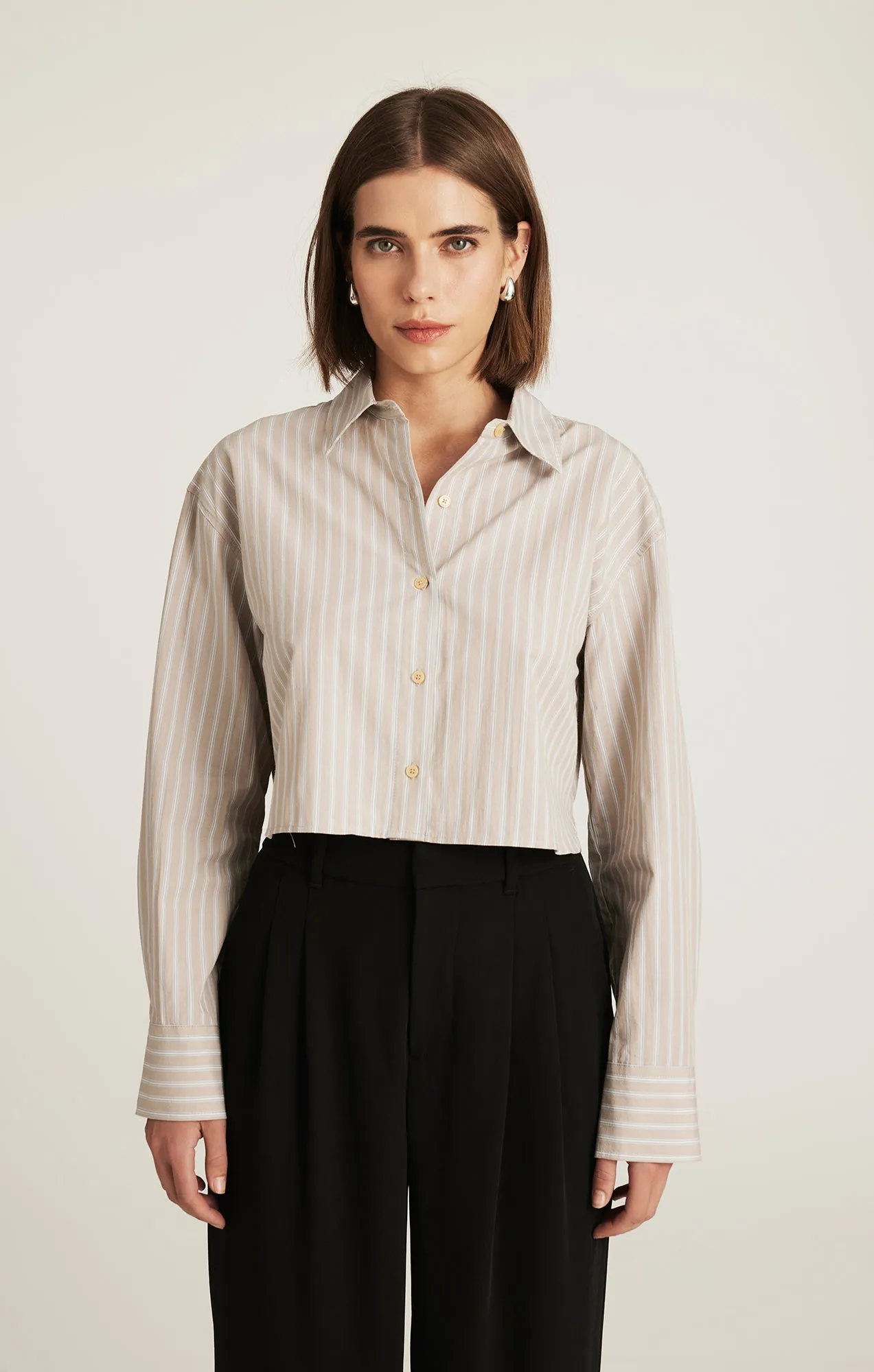 formal dinner CROPPED LONG SLEEVE BUTTON-UP SHIRT IN BEIGE STRIPE