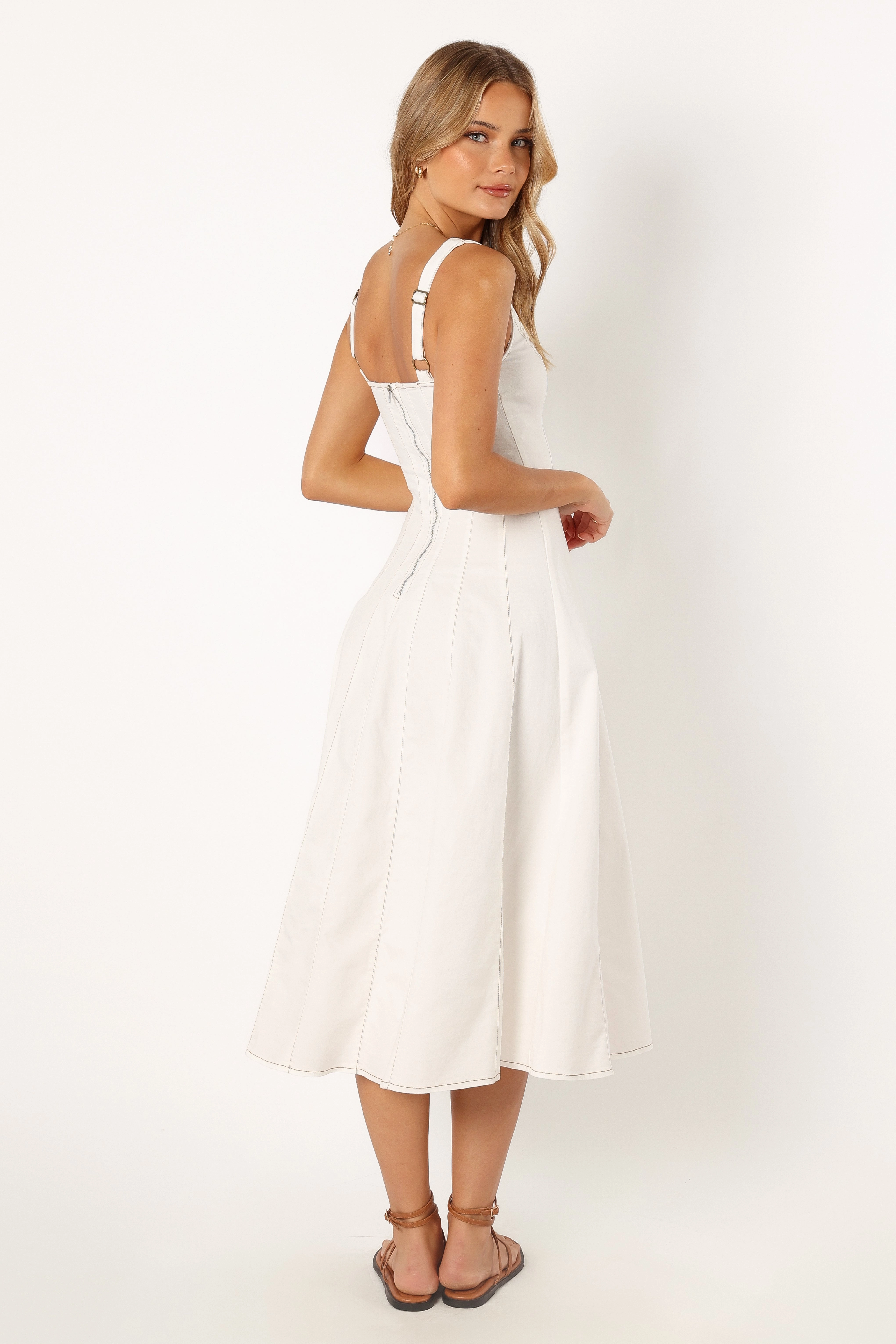 Una Midi Dress - White Delicate Lines Smooth Flow