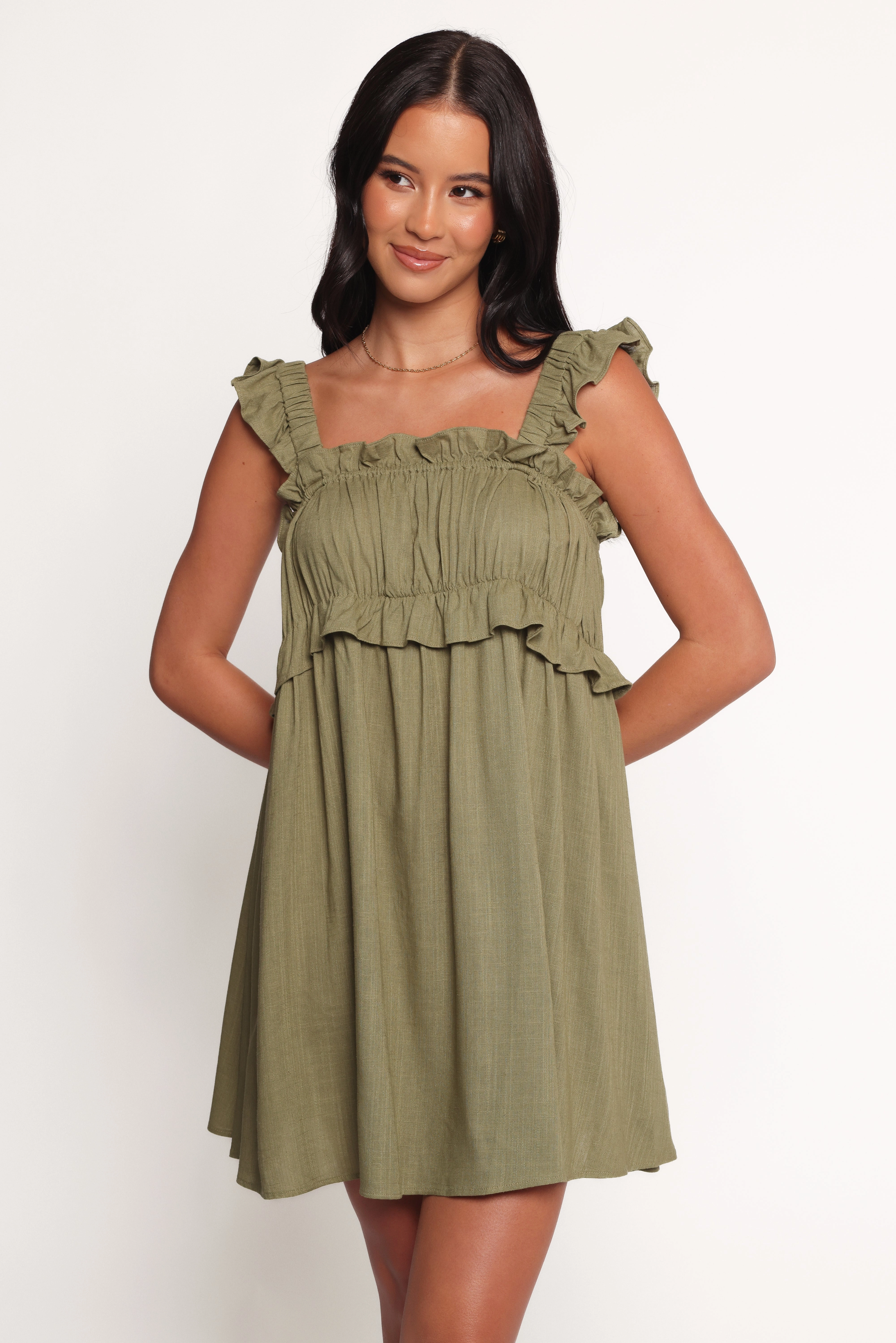 Orion Frill Strap Mini Dress - Olive Everyday Look Hip-Flattering
