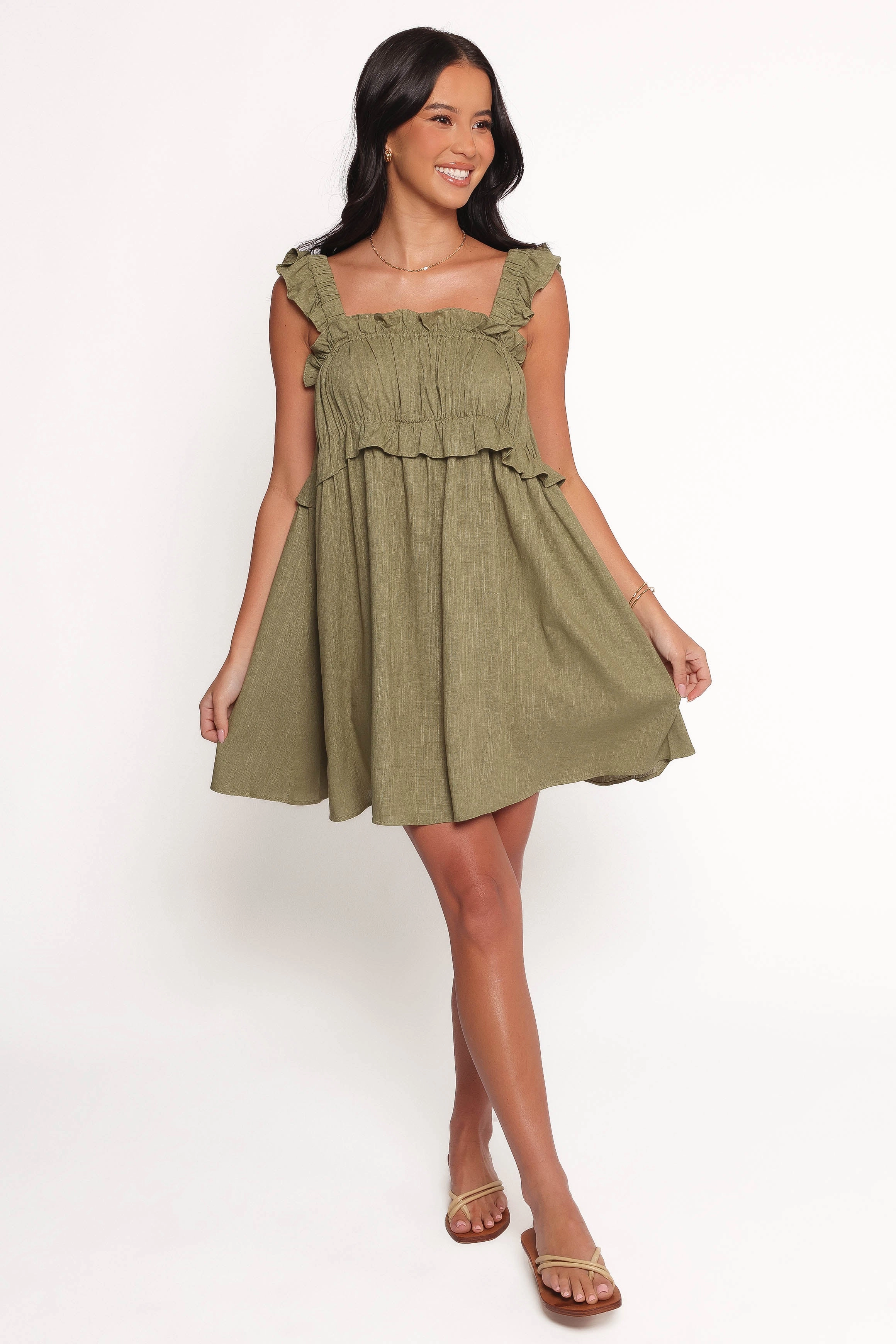Mesh Soft Orion Frill Strap Mini Dress - Olive