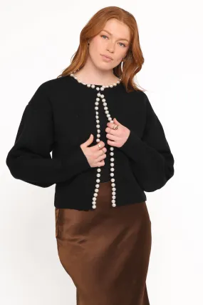 Minimal Casual Style Bloom Pearl Knit Cardigan - Black
