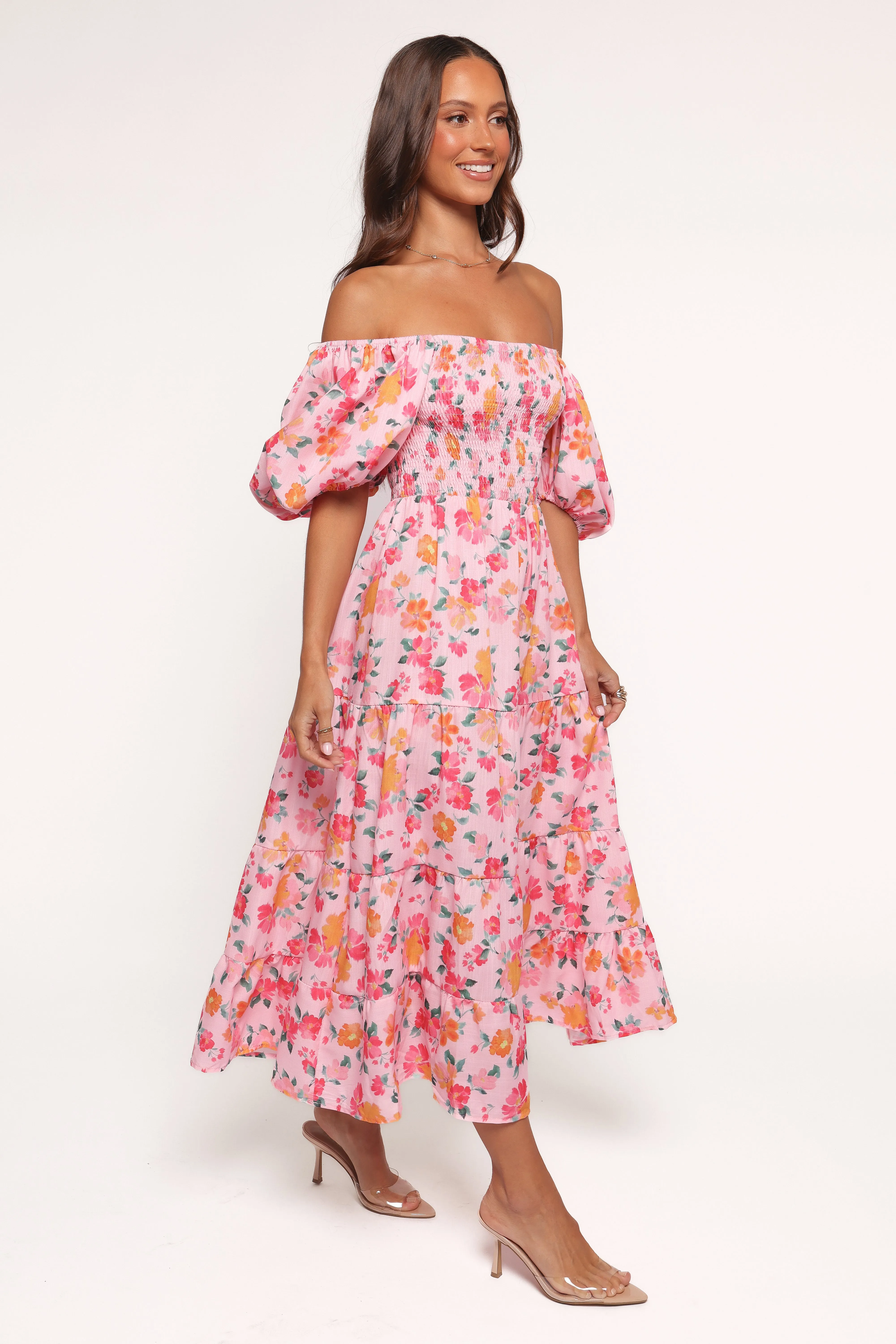 Feminine off-the-shoulder gown Modern Form Soliel Midi Dress - Pink Floral