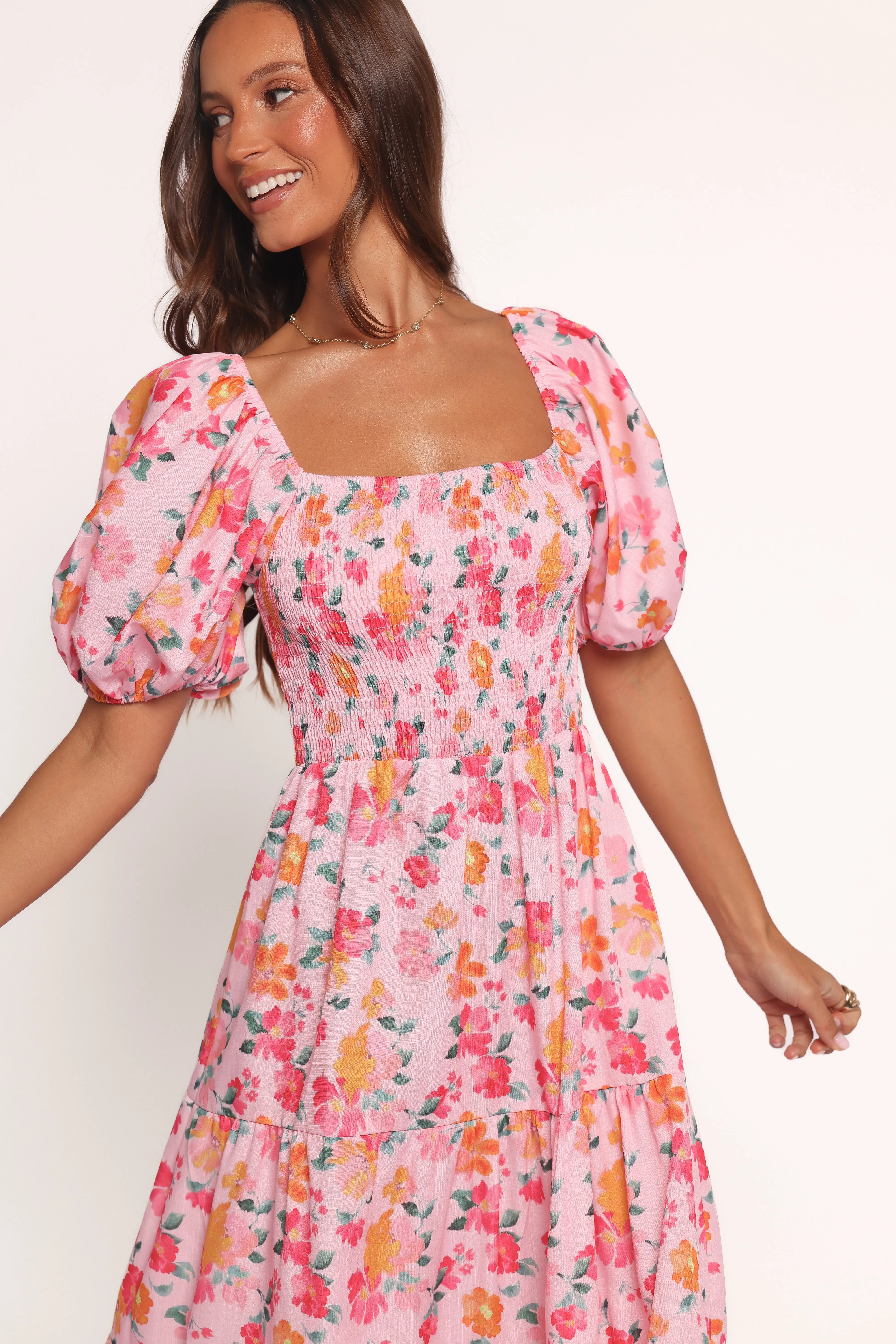 Elegant Flow Soliel Midi Dress - Pink Floral