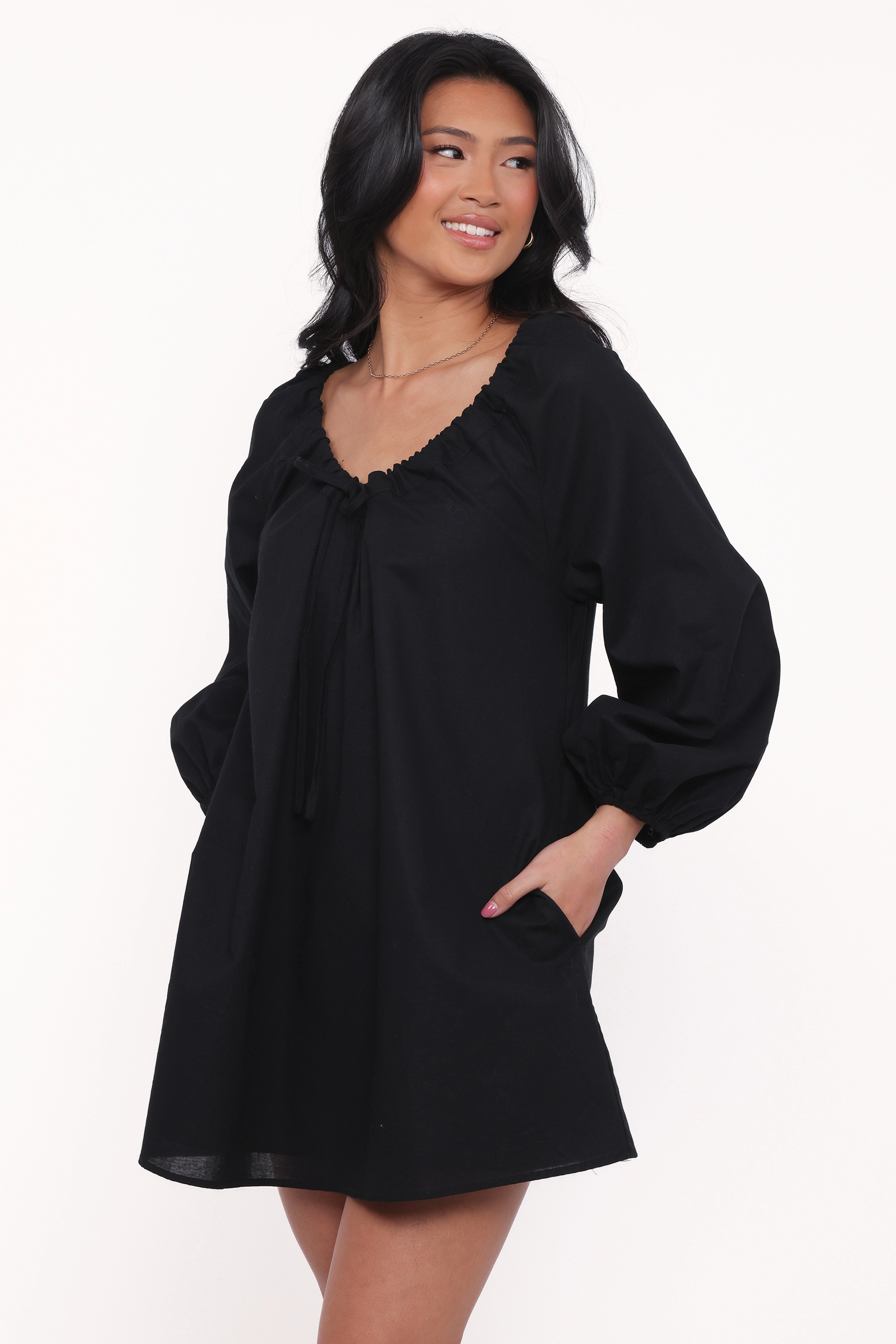 Flowy Cut Skin Tone Walker Smock Mini Dress - Black