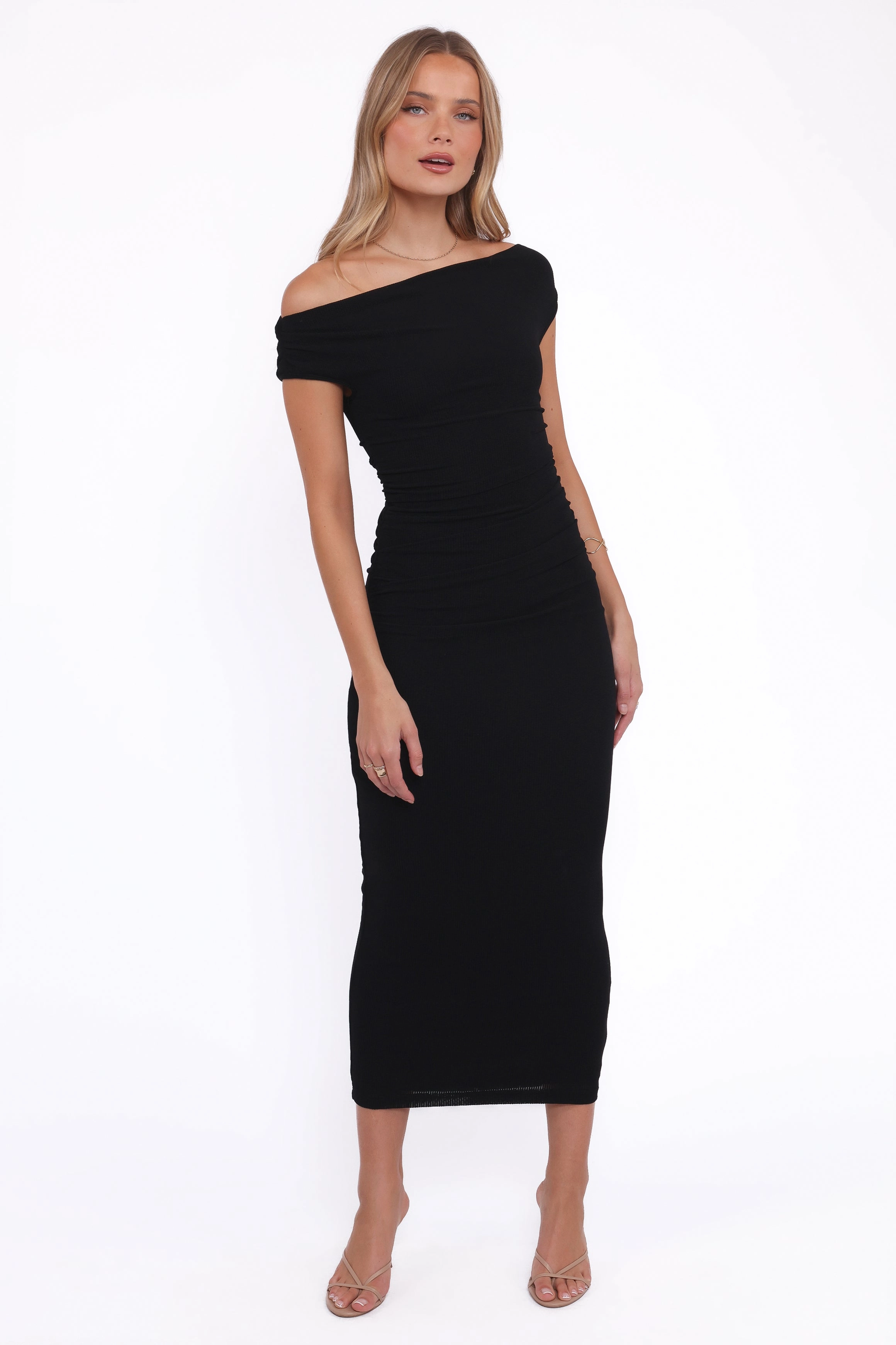 loose silhouette Versatile Layers Spencer Off Shoulder Midi Dress - Black