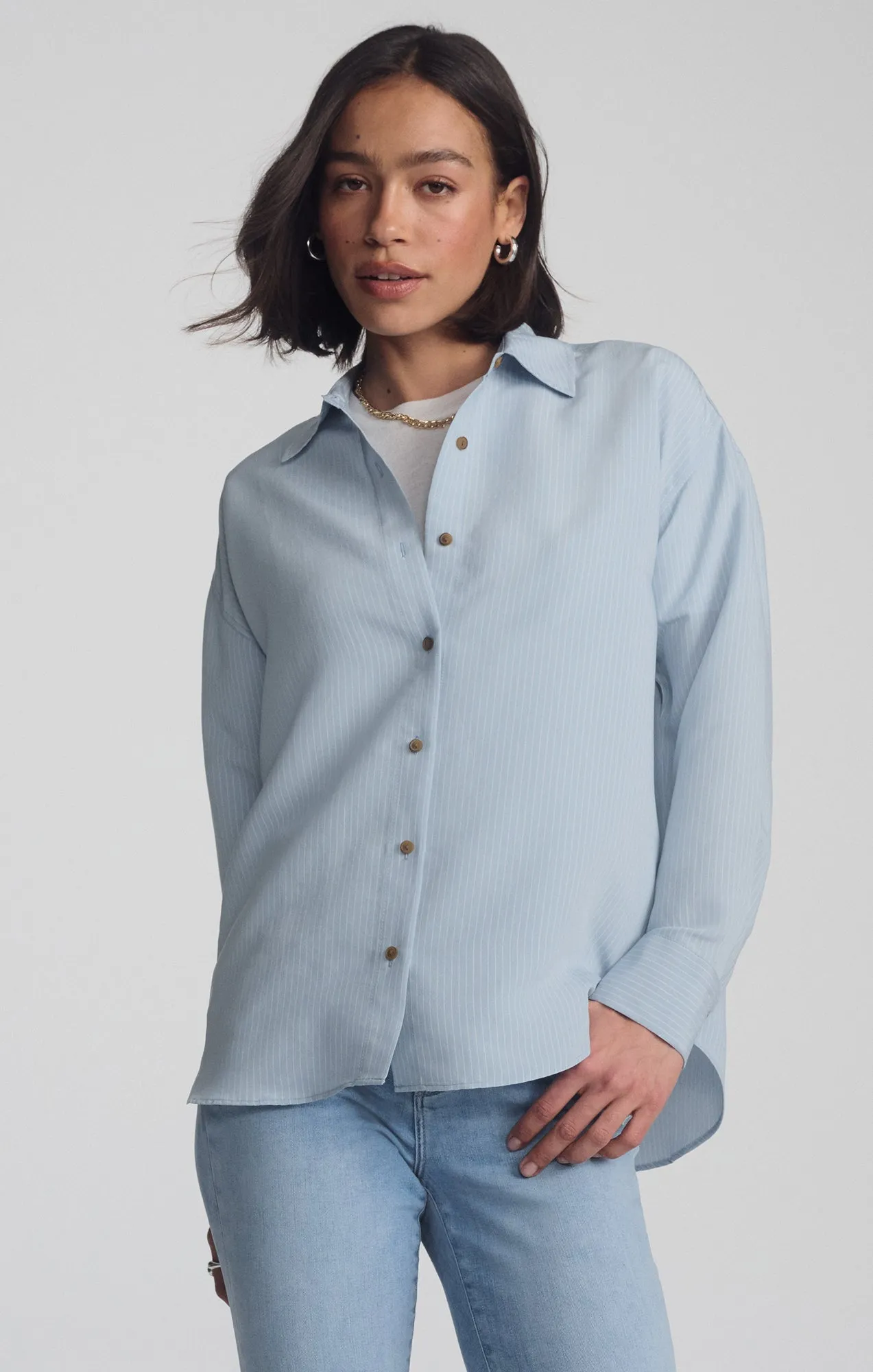 LUXE TOUCH TENCEL? BUTTON-UP STRIPED SHIRT IN AIR BLUE STRIPE Two Tone Stitching Stretchable Material