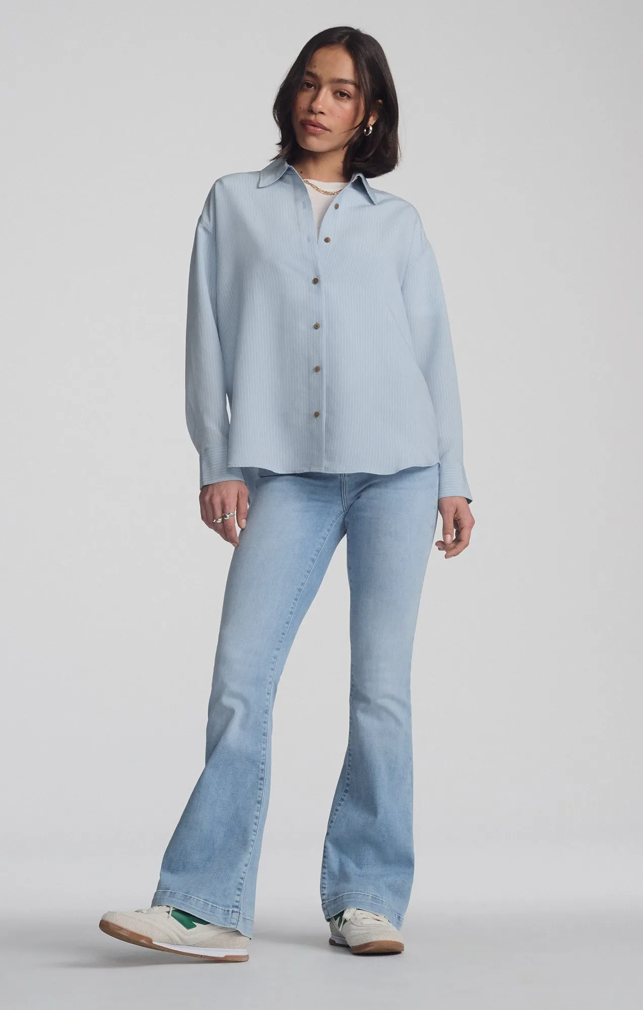 LUXE TOUCH TENCEL? BUTTON-UP STRIPED SHIRT IN AIR BLUE STRIPE Embellished Neckline