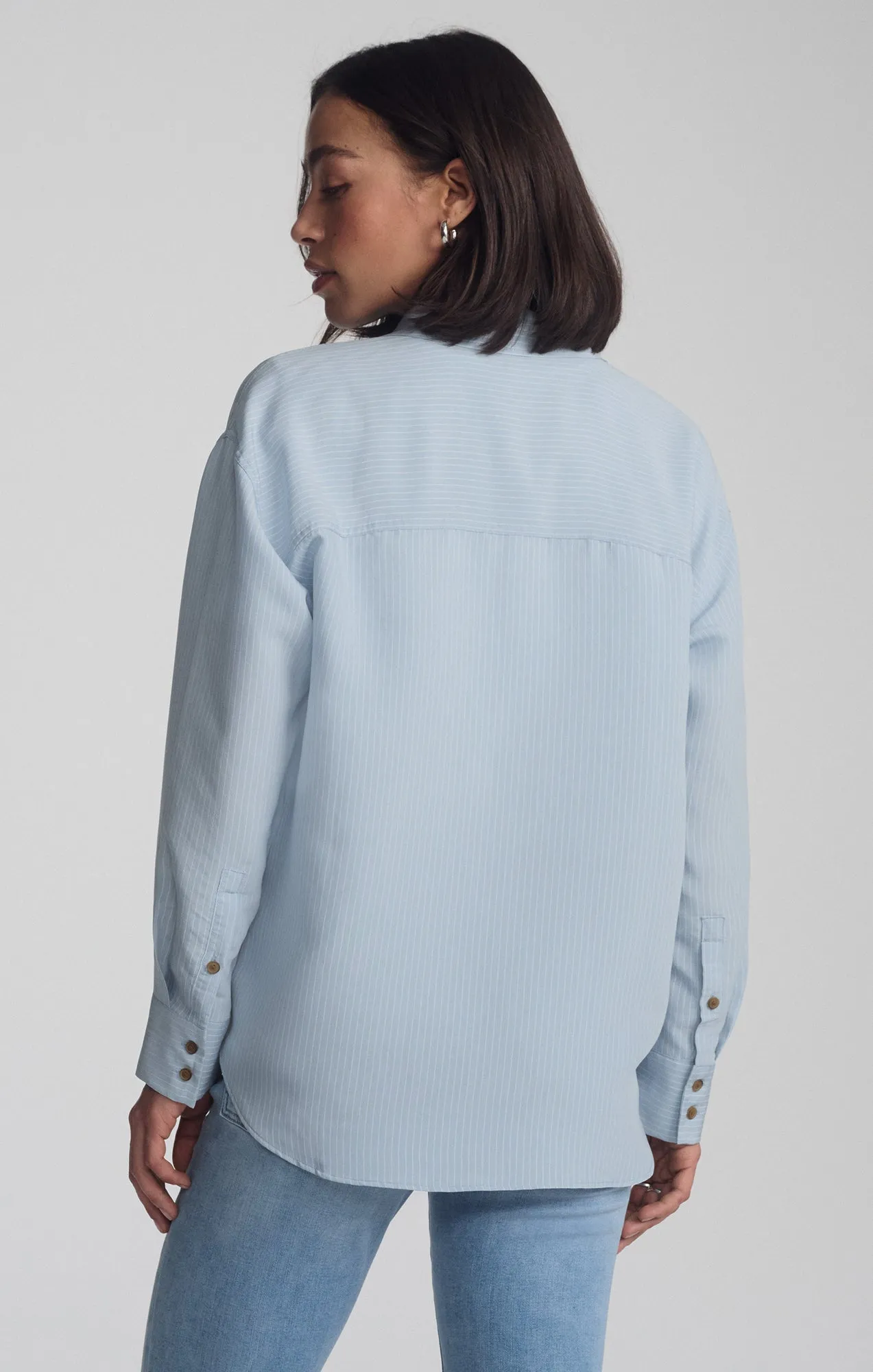 LUXE TOUCH TENCEL? BUTTON-UP STRIPED SHIRT IN AIR BLUE STRIPE Minimalist Closure