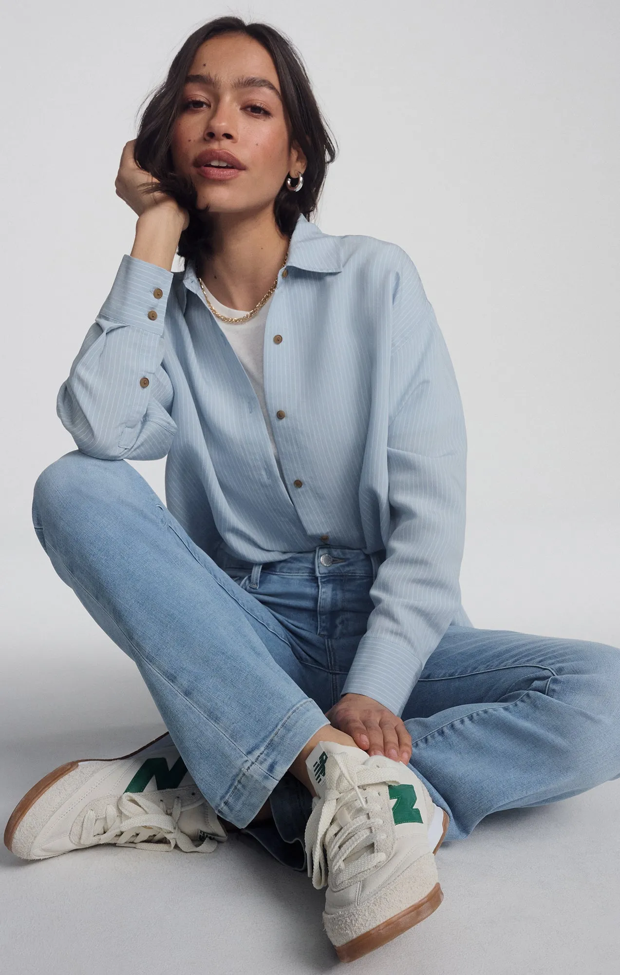 LUXE TOUCH TENCEL? BUTTON-UP STRIPED SHIRT IN AIR BLUE STRIPE Youth fashion Relaxed Fit