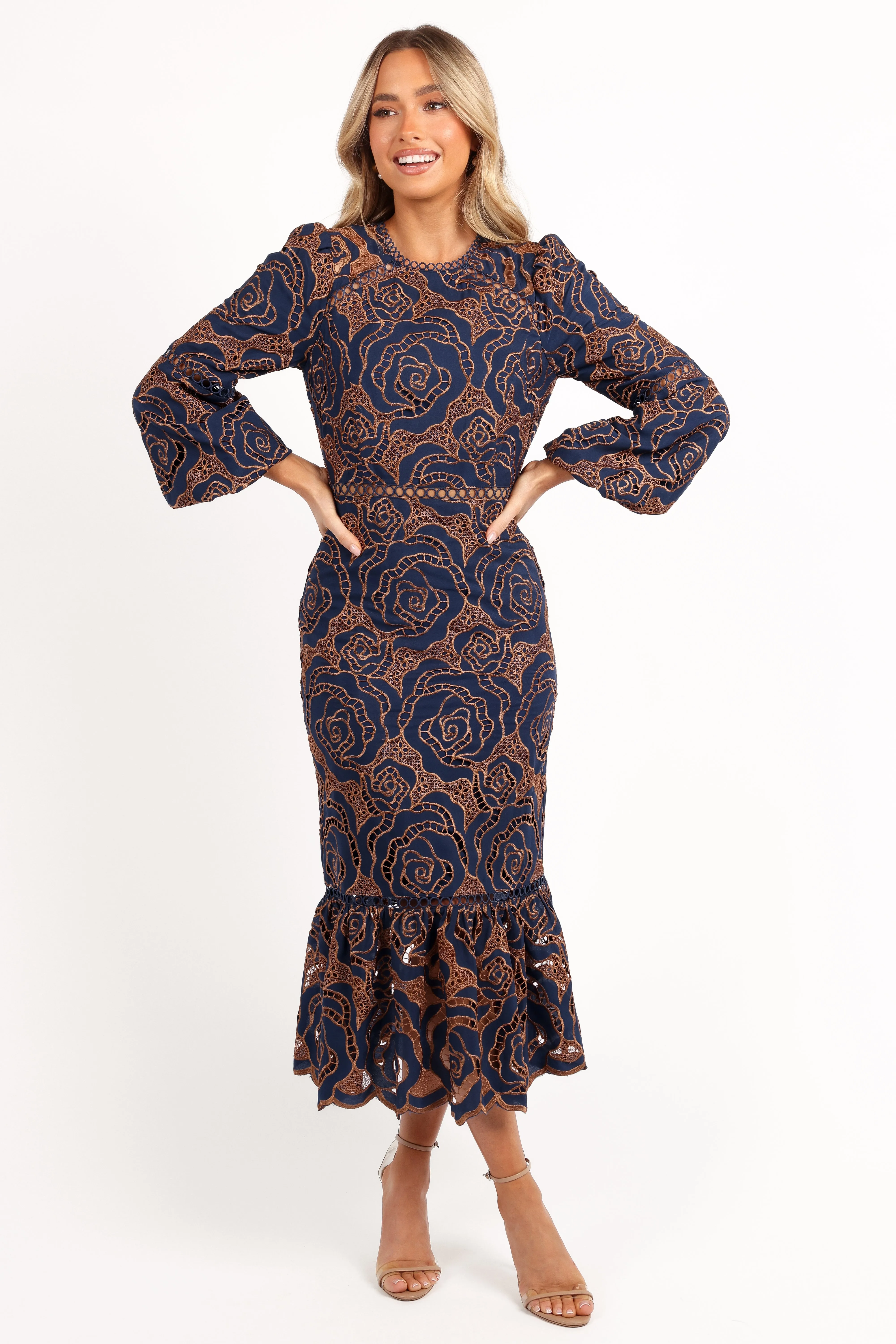 Pierre Long Sleeve Lace Maxi Dress - Navy Color Soft