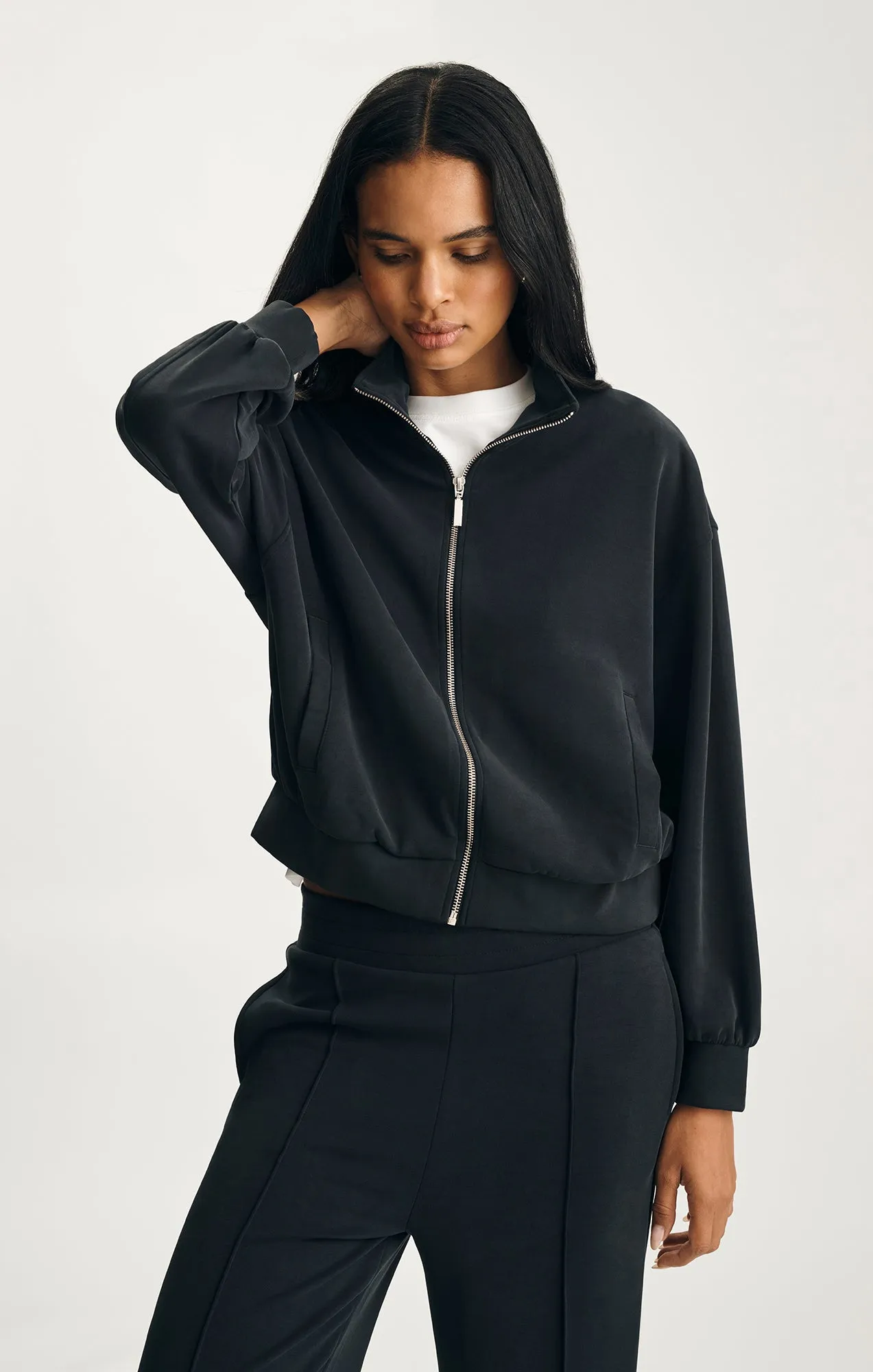 SPORTY LUXE TENCEL? FULL ZIP SWEATSHIRT IN BLACK Comfort Layer