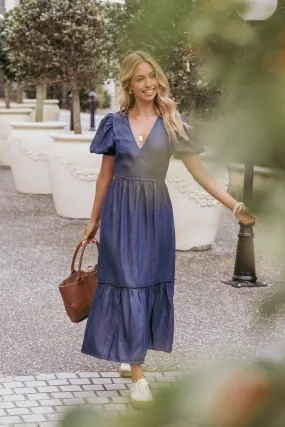 Comfortable office piece Party Safe Steele Puff Sleeve Midi Dress - Dark Denim