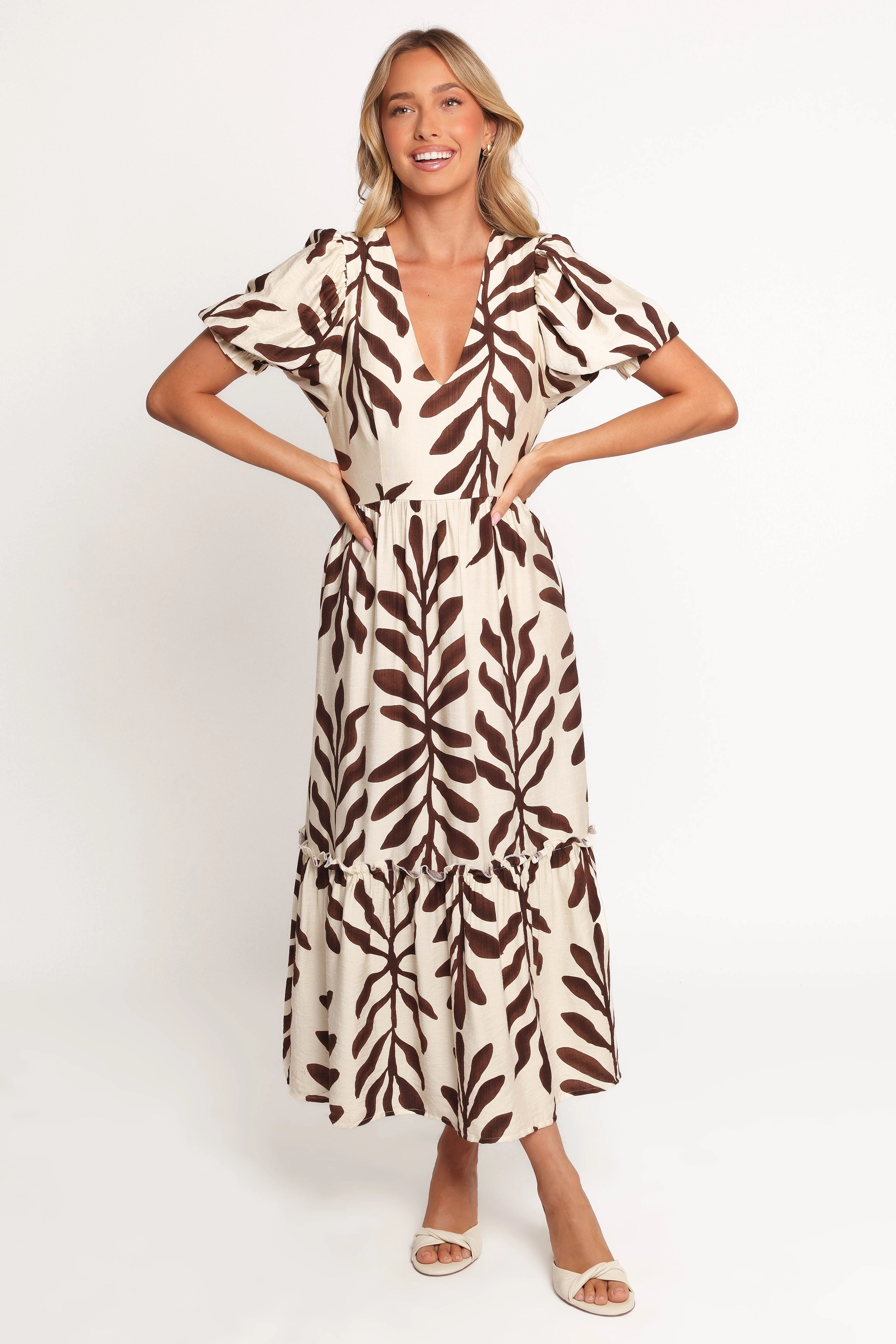Seasonal Style Wrap-Style Steele Puff Sleeve Midi Dress - Brown Palm