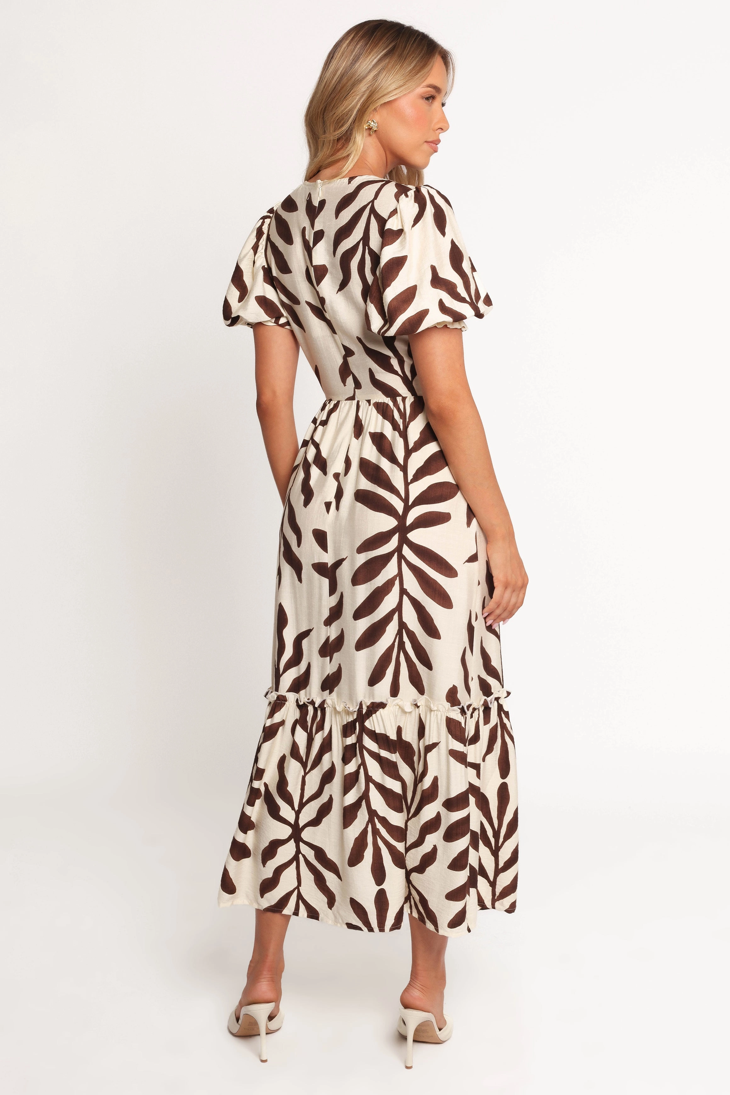 Steele Puff Sleeve Midi Dress - Brown Palm Casual Comfort Wear