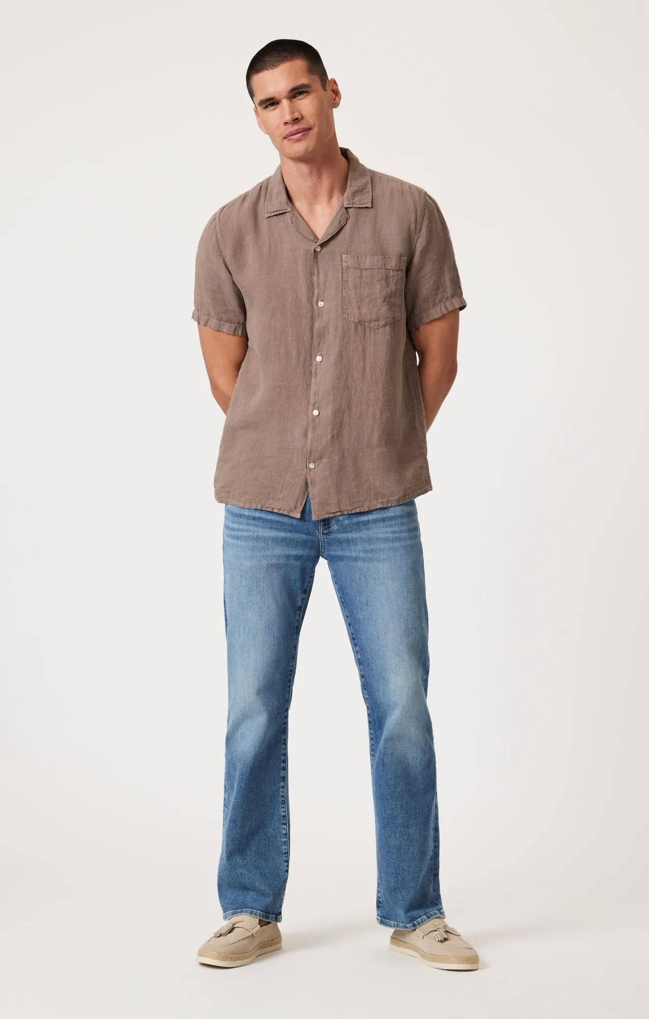 LINEN SHORT SLEEVE SHIRT IN BRINDLE Multi Functional Pockets