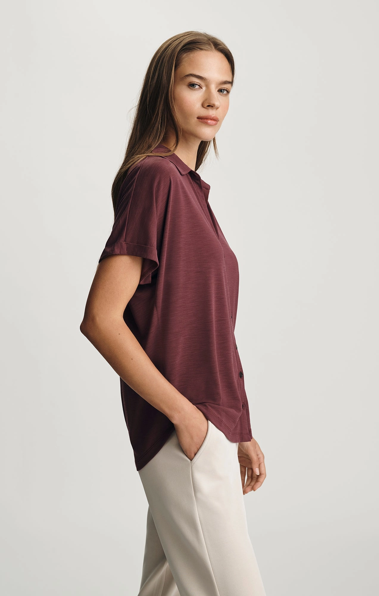 Cool and casual All-day style LUXE TOUCH TENCEL? BUTTON-UP T-SHIRT IN SASSAFRAS