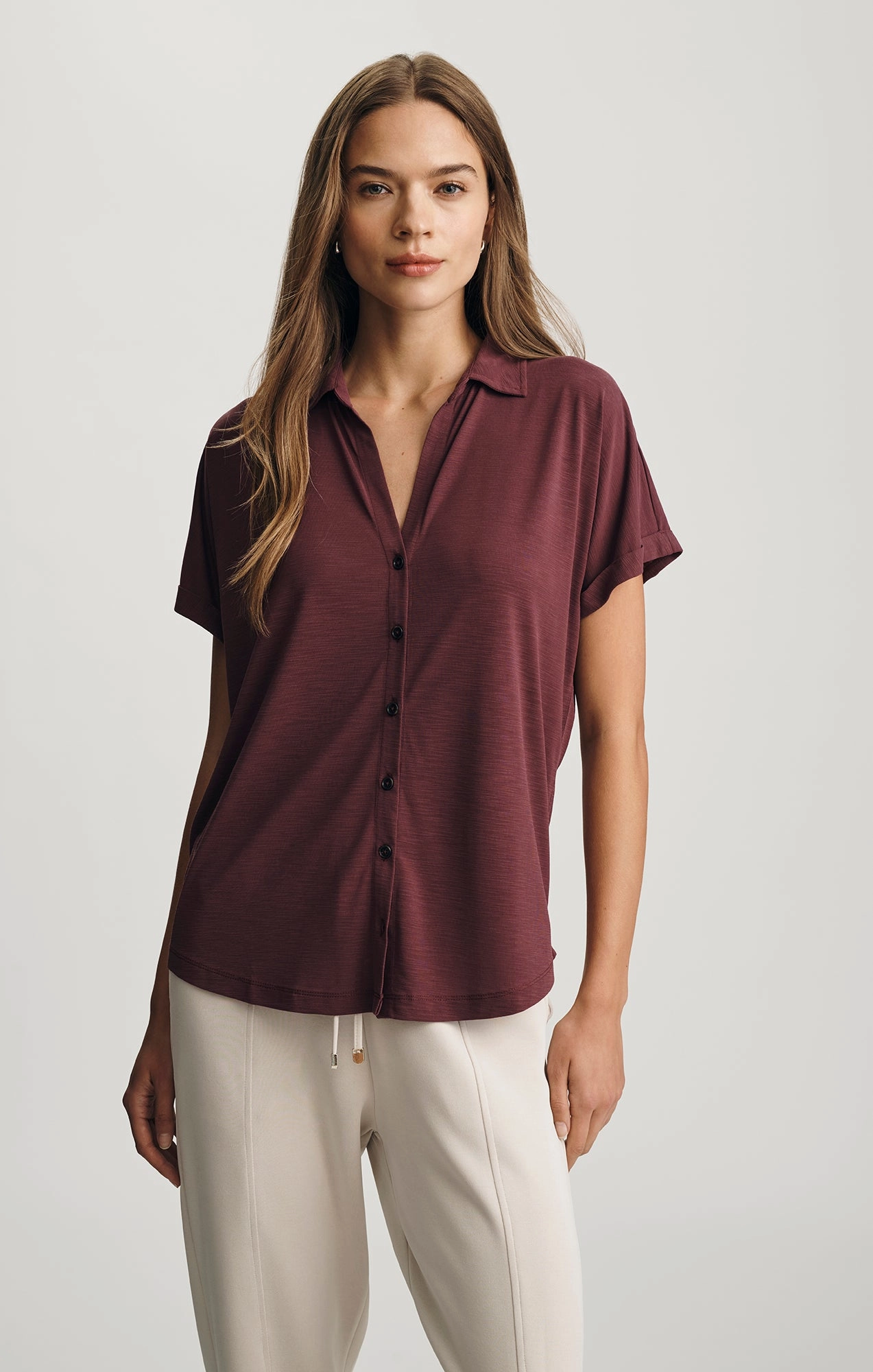 LUXE TOUCH TENCEL? BUTTON-UP T-SHIRT IN SASSAFRAS Relaxed Wear Fit