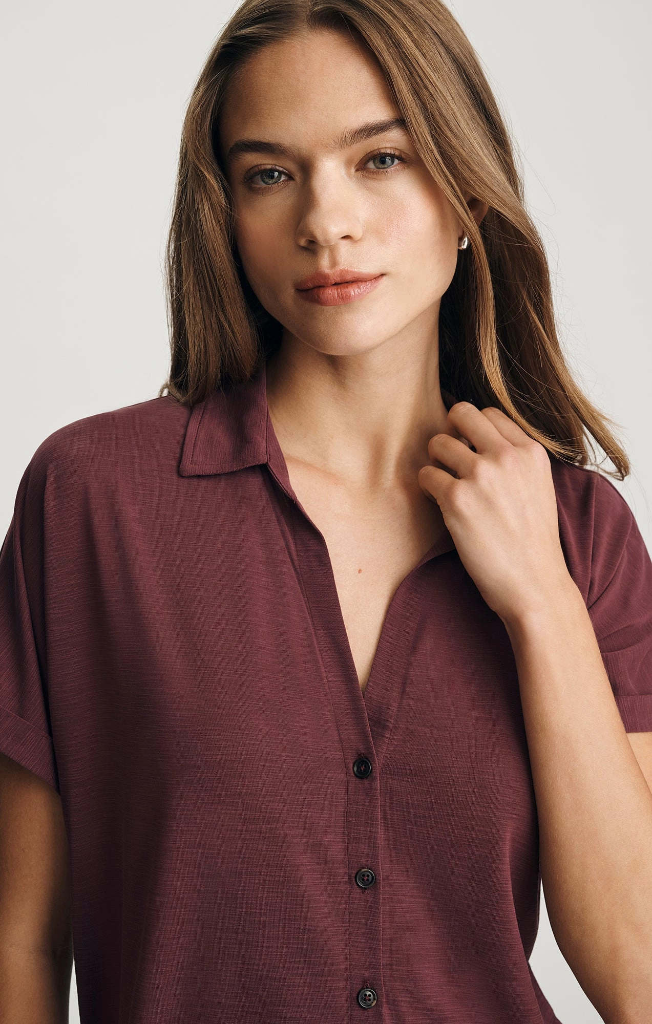 LUXE TOUCH TENCEL? BUTTON-UP T-SHIRT IN SASSAFRAS Casual Comfort