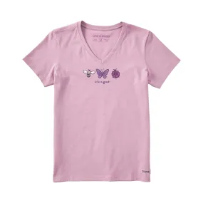 Life Is Good Women's Three Insects Short Sleeve Crusher Vee - Violet Purple CrossBackDesign Wear Resistant Edge