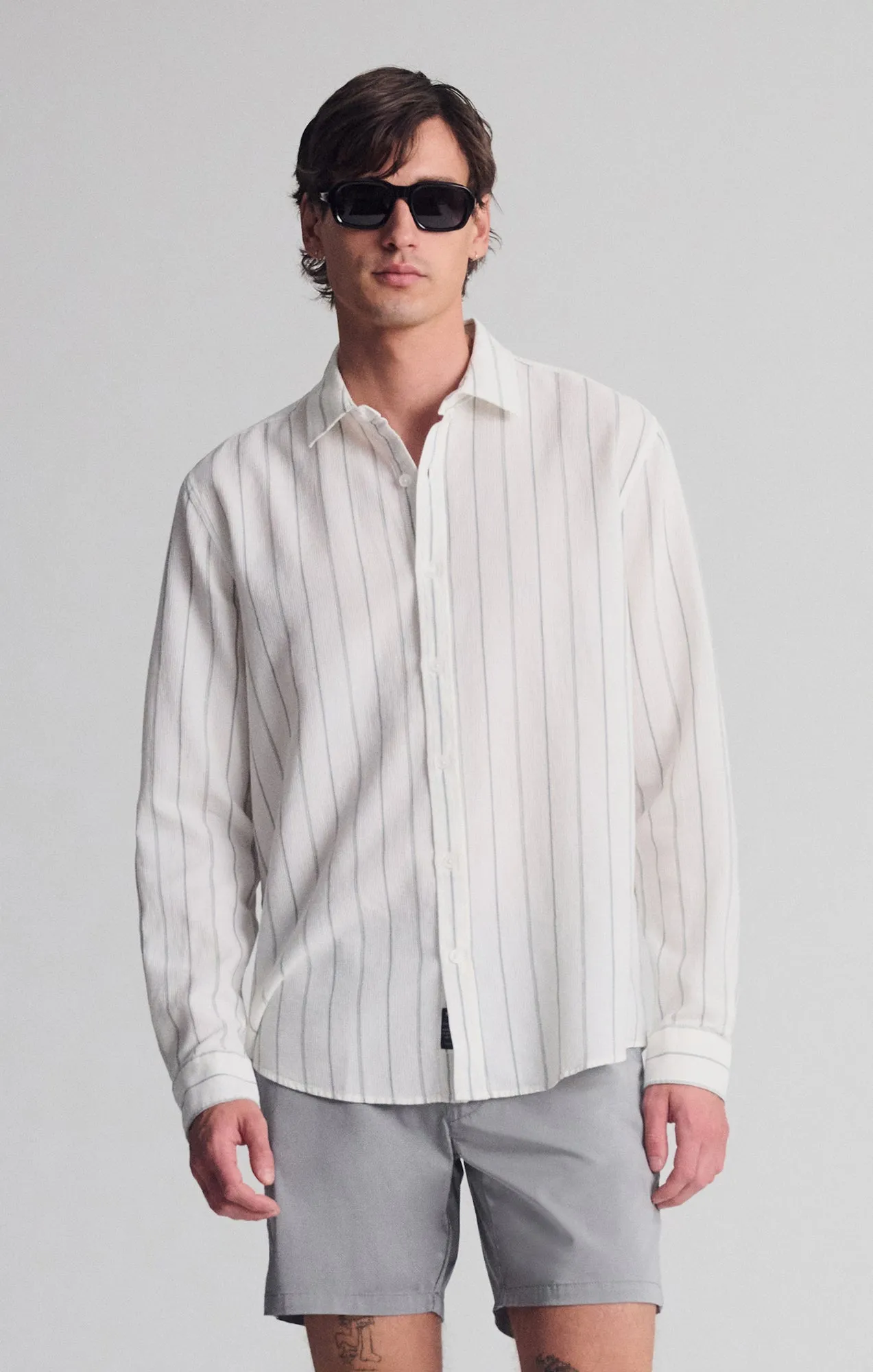 STRIPED LONG SLEEVE BUTTON-UP SHIRT IN AGAVE GREEN Odor control