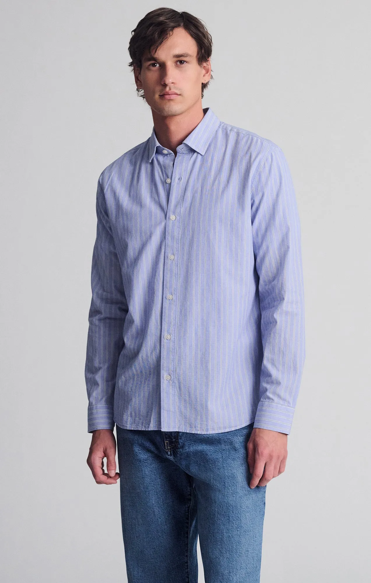 hypoallergenic material Weekend Wear STRIPED LONG SLEEVE BUTTON-UP SHIRT IN HEATHER