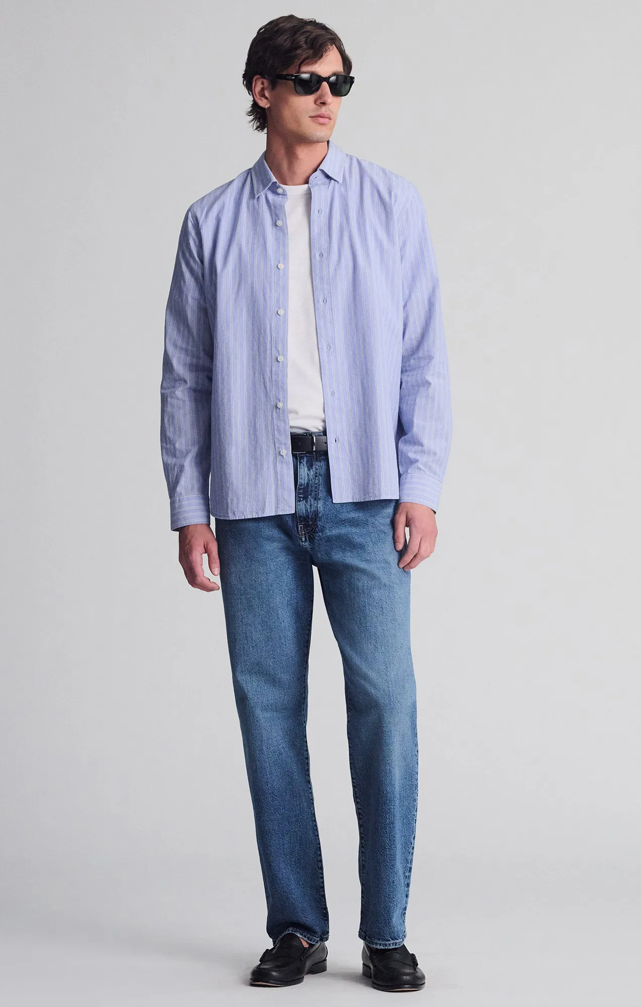 STRIPED LONG SLEEVE BUTTON-UP SHIRT IN HEATHER Recycled Polyester Blend Urban Trend